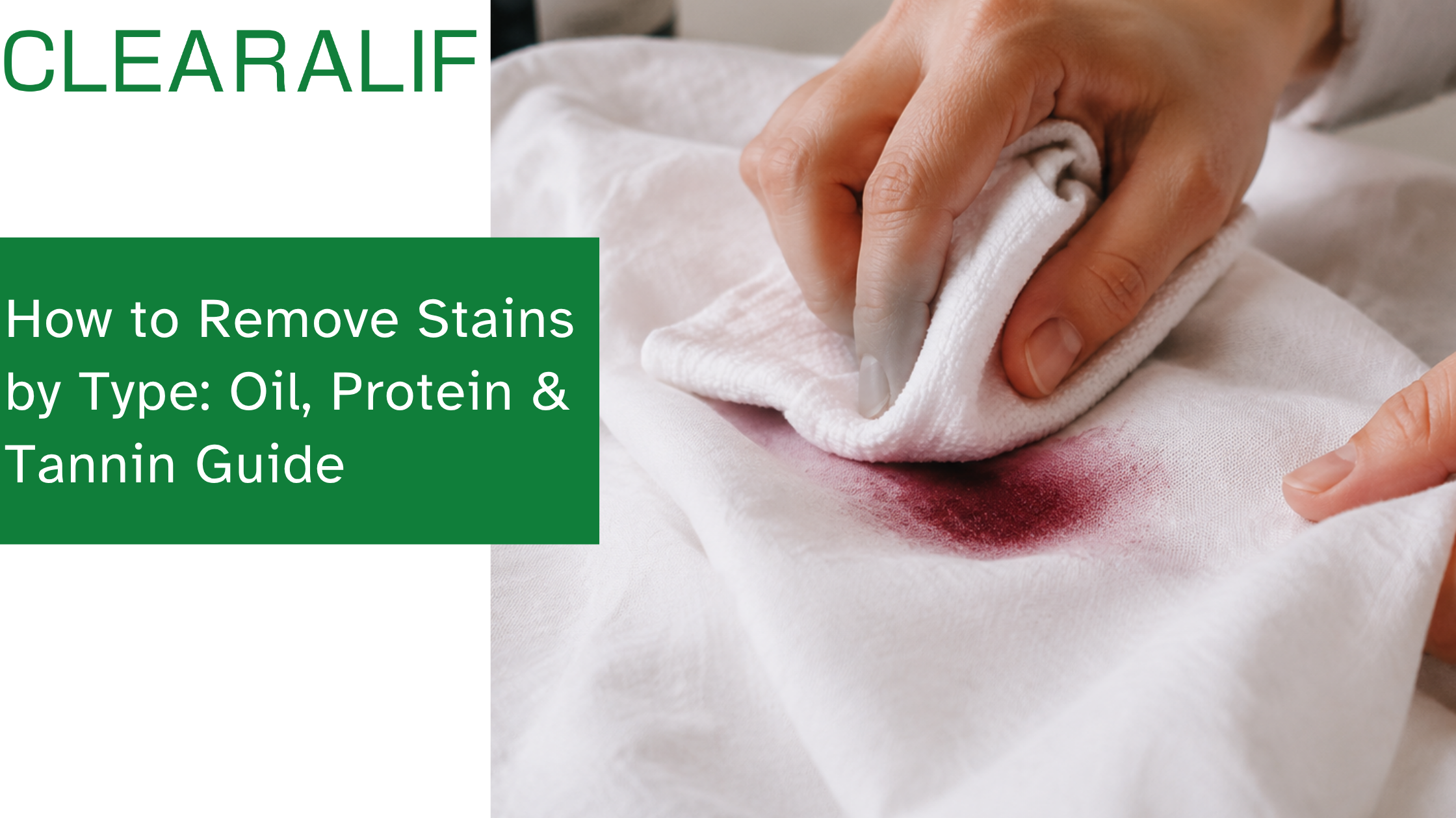 Person blotting a red wine stain on a white linen shirt with a clean cloth