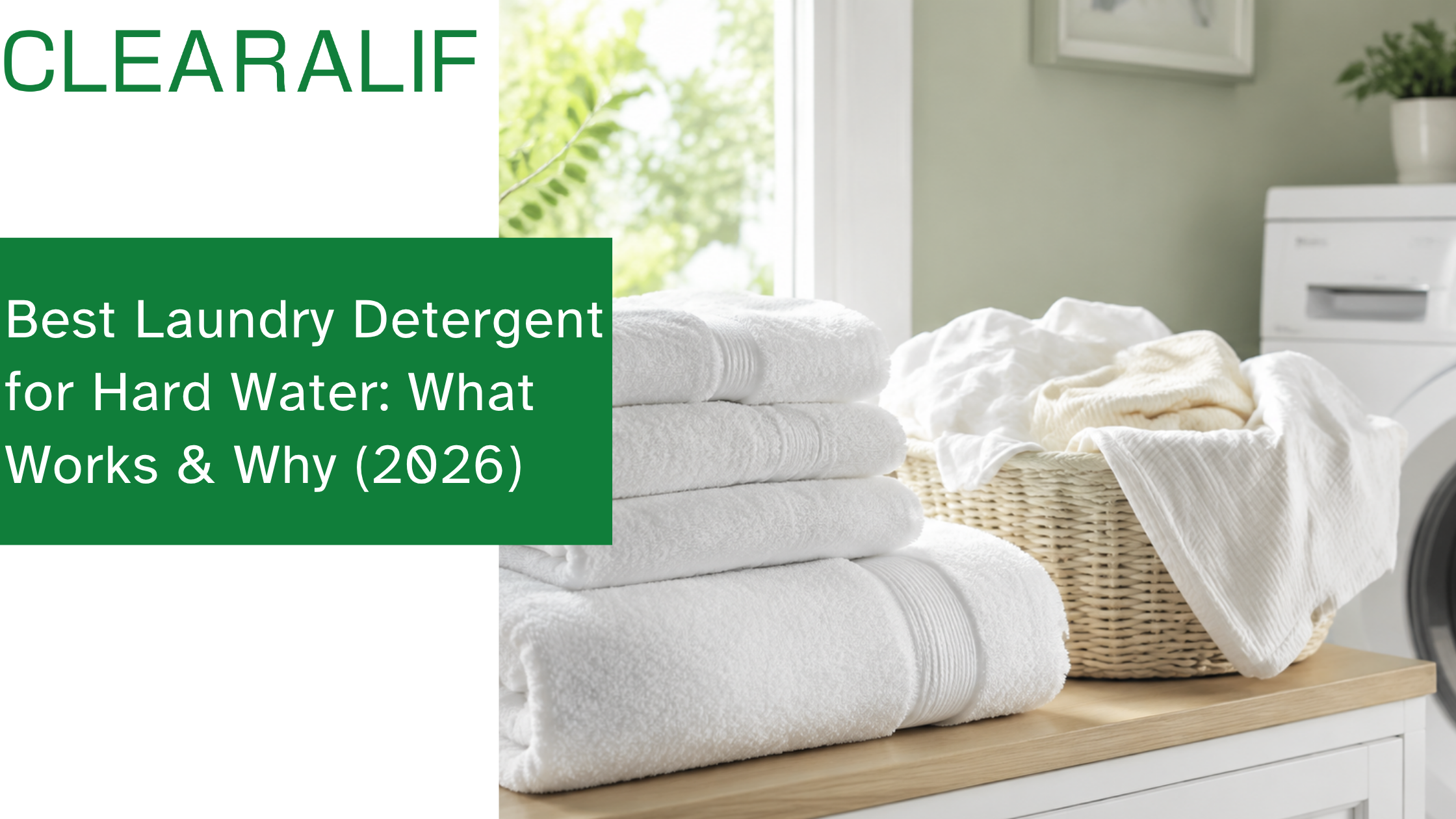 Folded white towels beside a washing machine, hard water laundry results