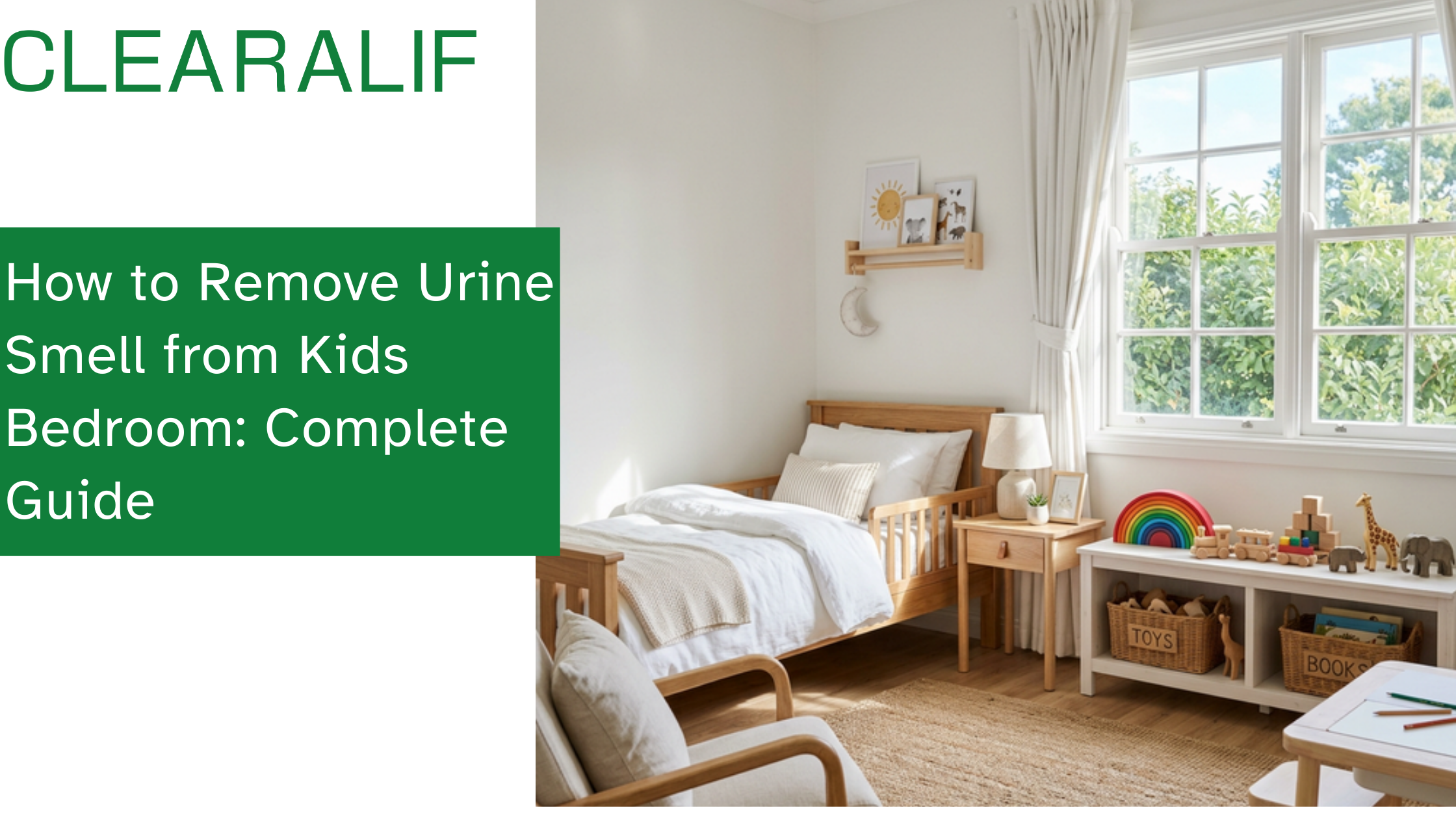 A bright, clean children's bedroom with fresh white bedding, organized wooden toys, and soft warm sunlight streaming through large windows, showing a pristine, airy, and odor-free environment, photorealistic.