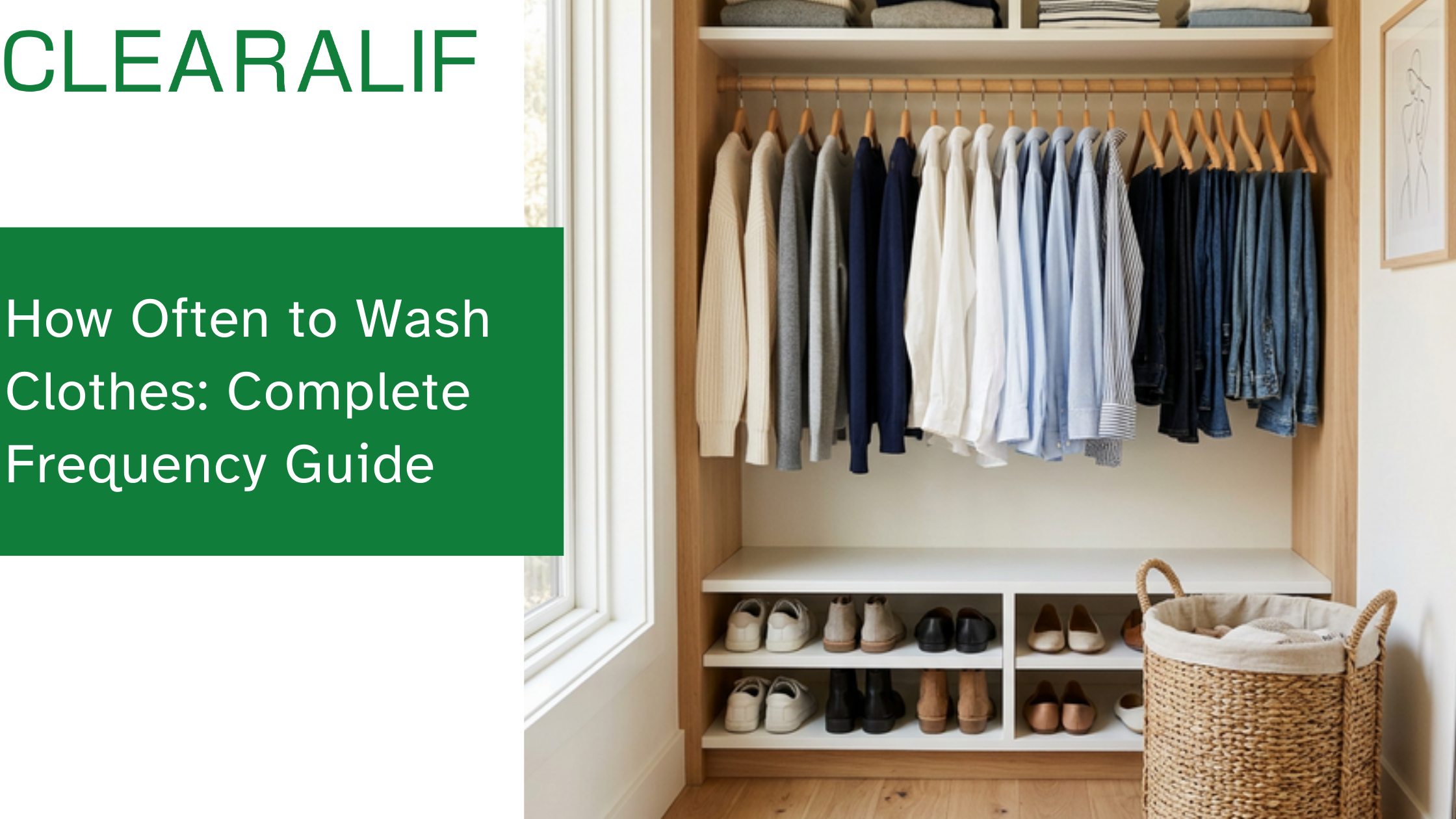 A beautifully organized, bright minimalist closet with a woven laundry basket on the floor, showing neatly hung sweaters, shirts, and jeans, conveying a sense of wardrobe management and clean lifestyle.