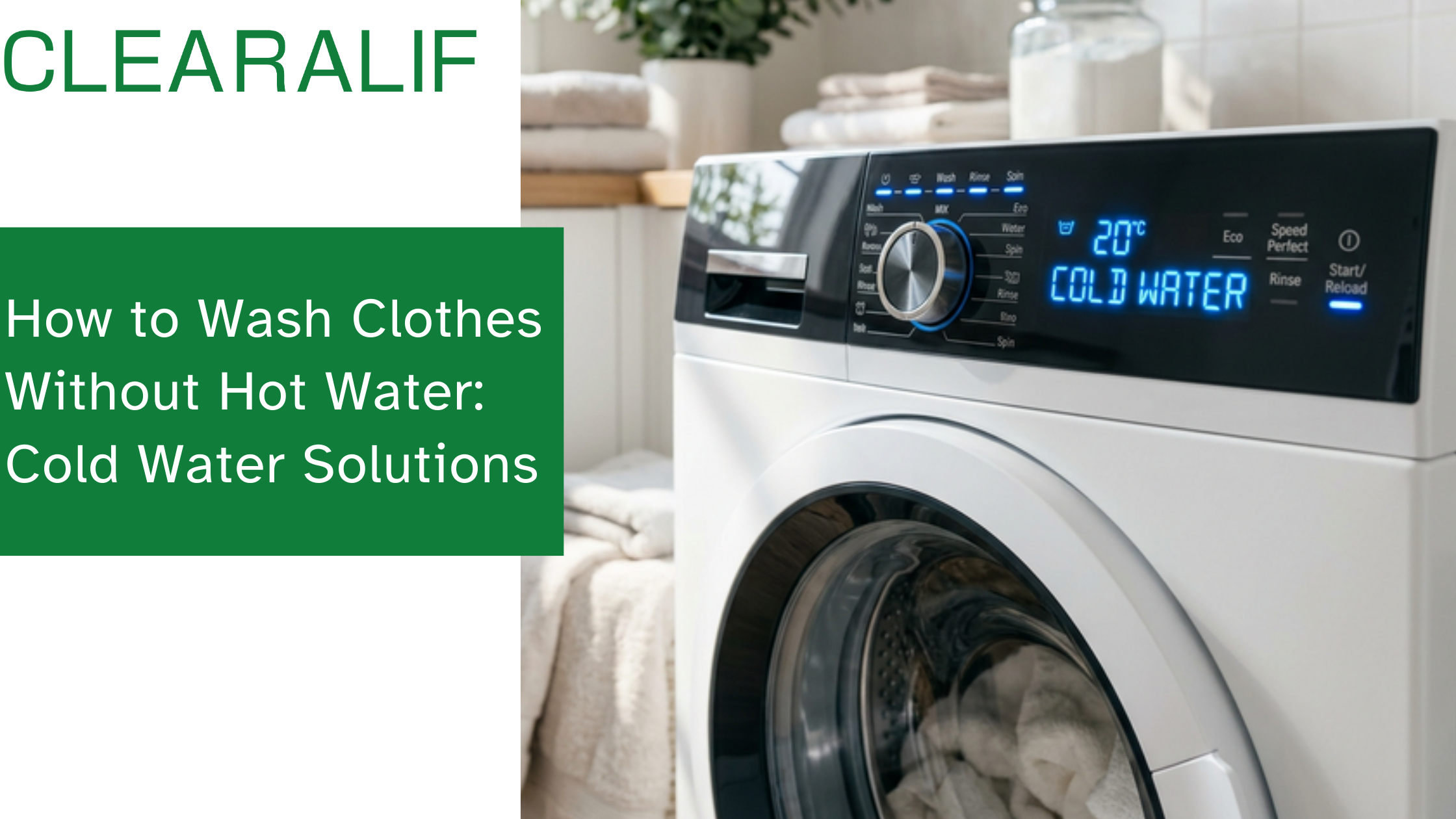 A close-up of a modern, sleek washing machine control panel with a glowing blue light indicating the 20°C Cold Water setting has been selected, bright and clean laundry room aesthetic, soft natural sunlight, premium photorealistic editorial photography.