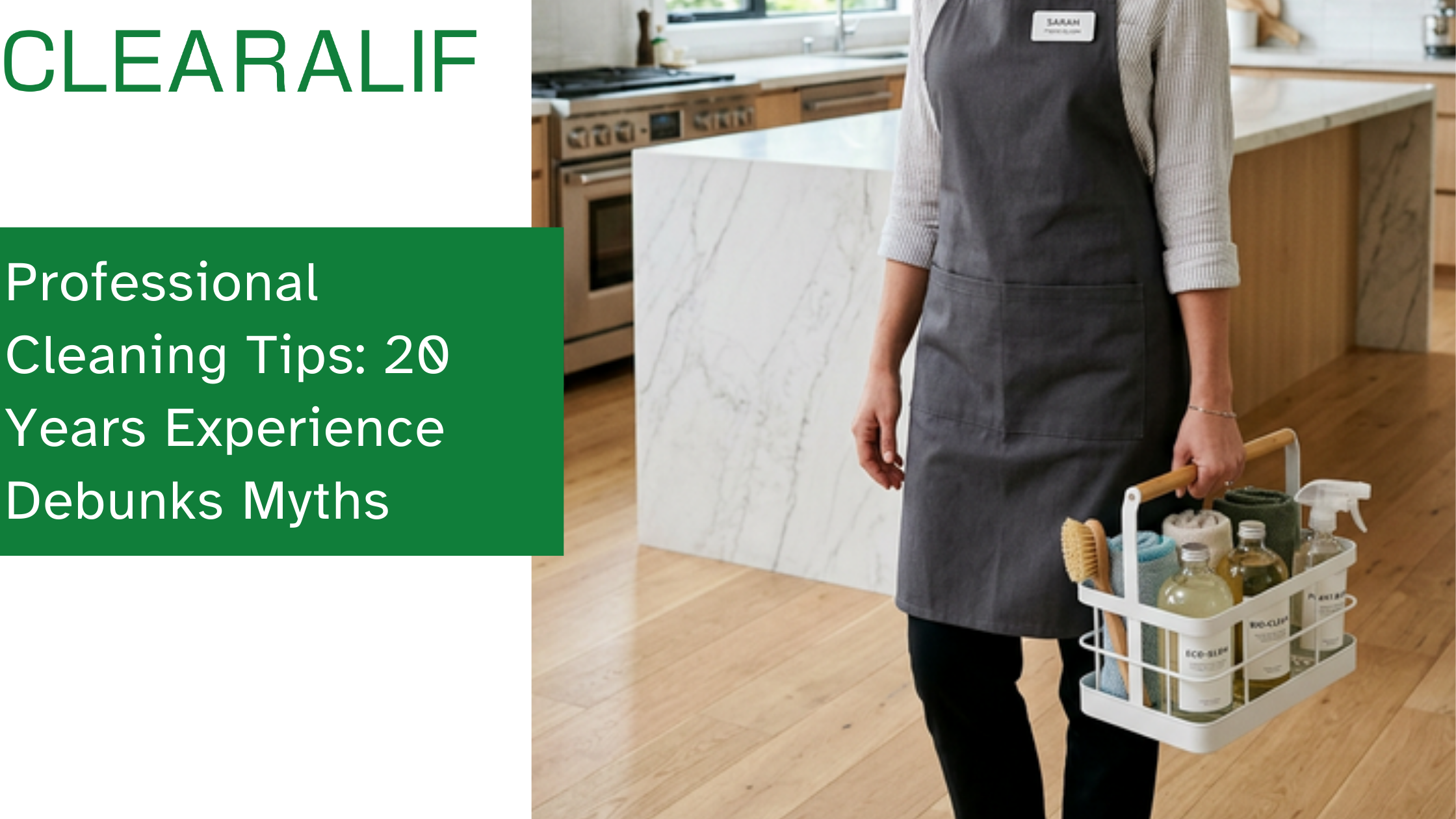 A confident professional house cleaner in a modern minimalist apron holding a premium, eco-friendly white cleaning caddy in a bright, spotless luxury kitchen, photorealistic.