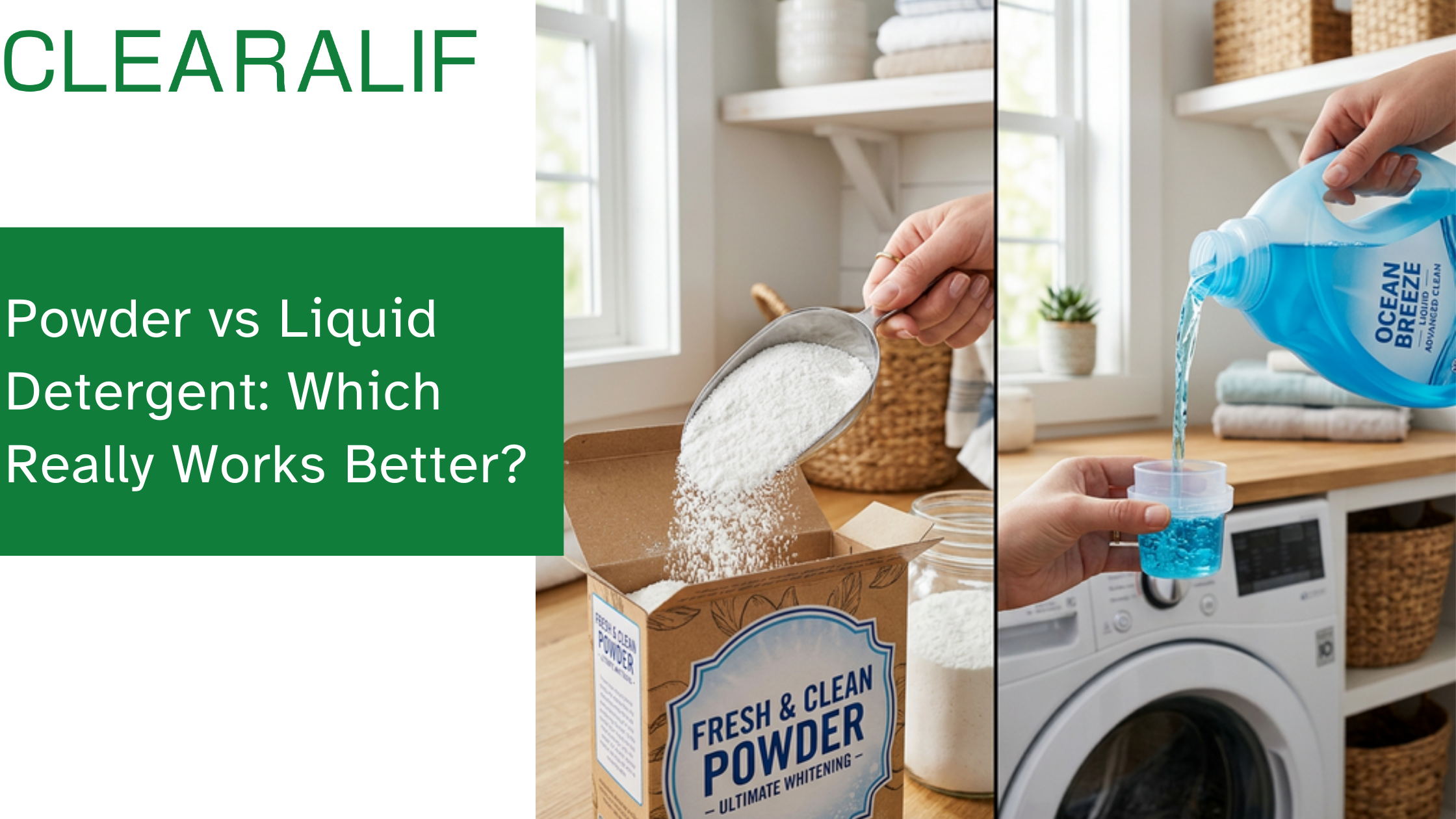 A beautifully styled split-screen visual: on the left, fine white powder detergent scooped from a box; on the right, clear blue liquid detergent pouring from a modern bottle, bright laundry room background, photorealistic.