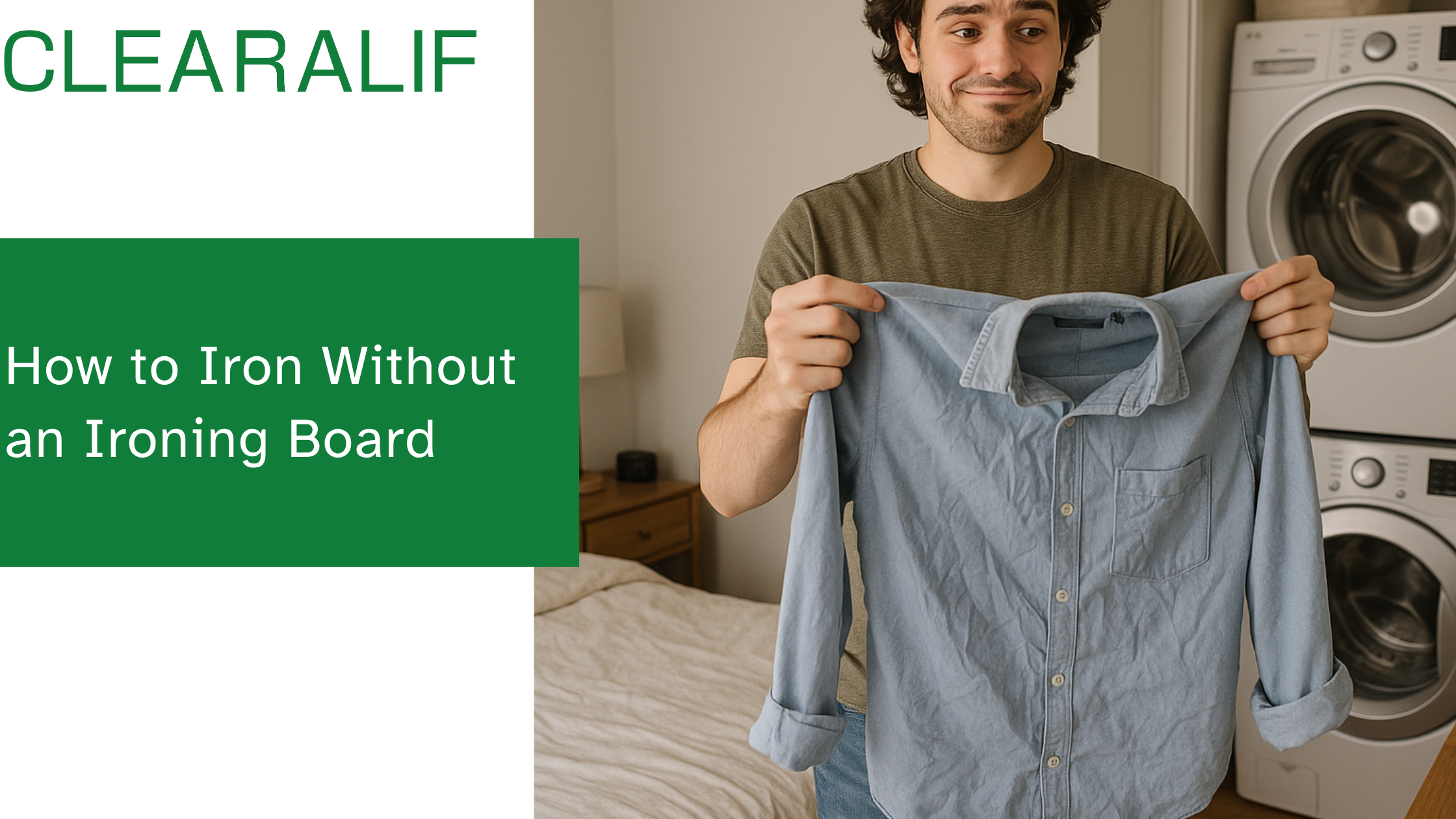 A young adult holding a slightly wrinkled shirt in a small apartment bedroom, with soft natural light and no ironing board in sight.
