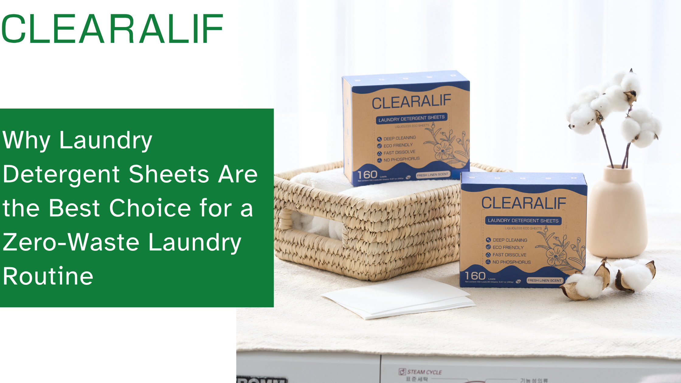 CLEARALIF laundry detergent sheets displayed with cotton flowers in a minimalist setting.