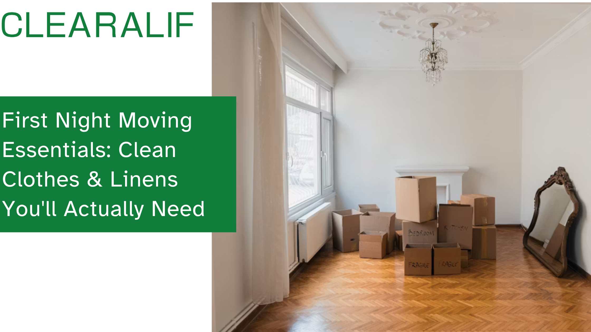 New apartment with moving boxes and clean linens ready to unpack on first night