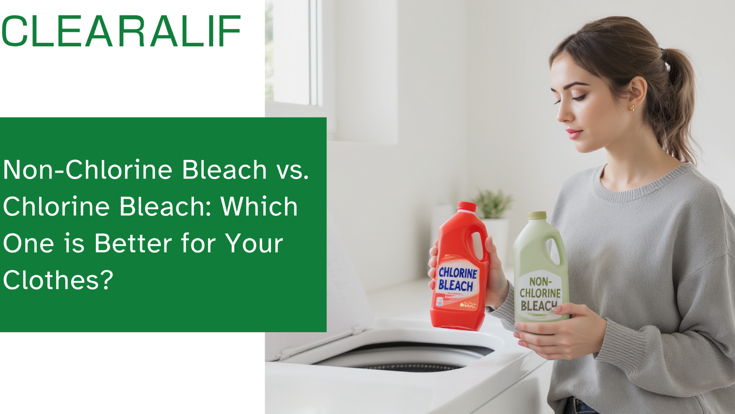 Person choosing between chlorine and non-chlorine bleach in a home laundry room