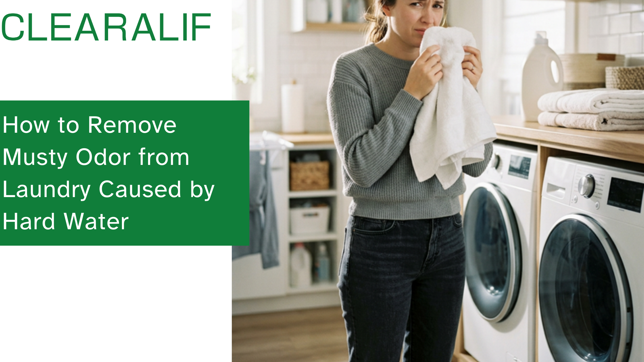 A person standing in a modern laundry room, holding a freshly washed towel up to their nose and looking slightly displeased or confused by a musty smell, soft natural lighting, lifestyle editorial photography.