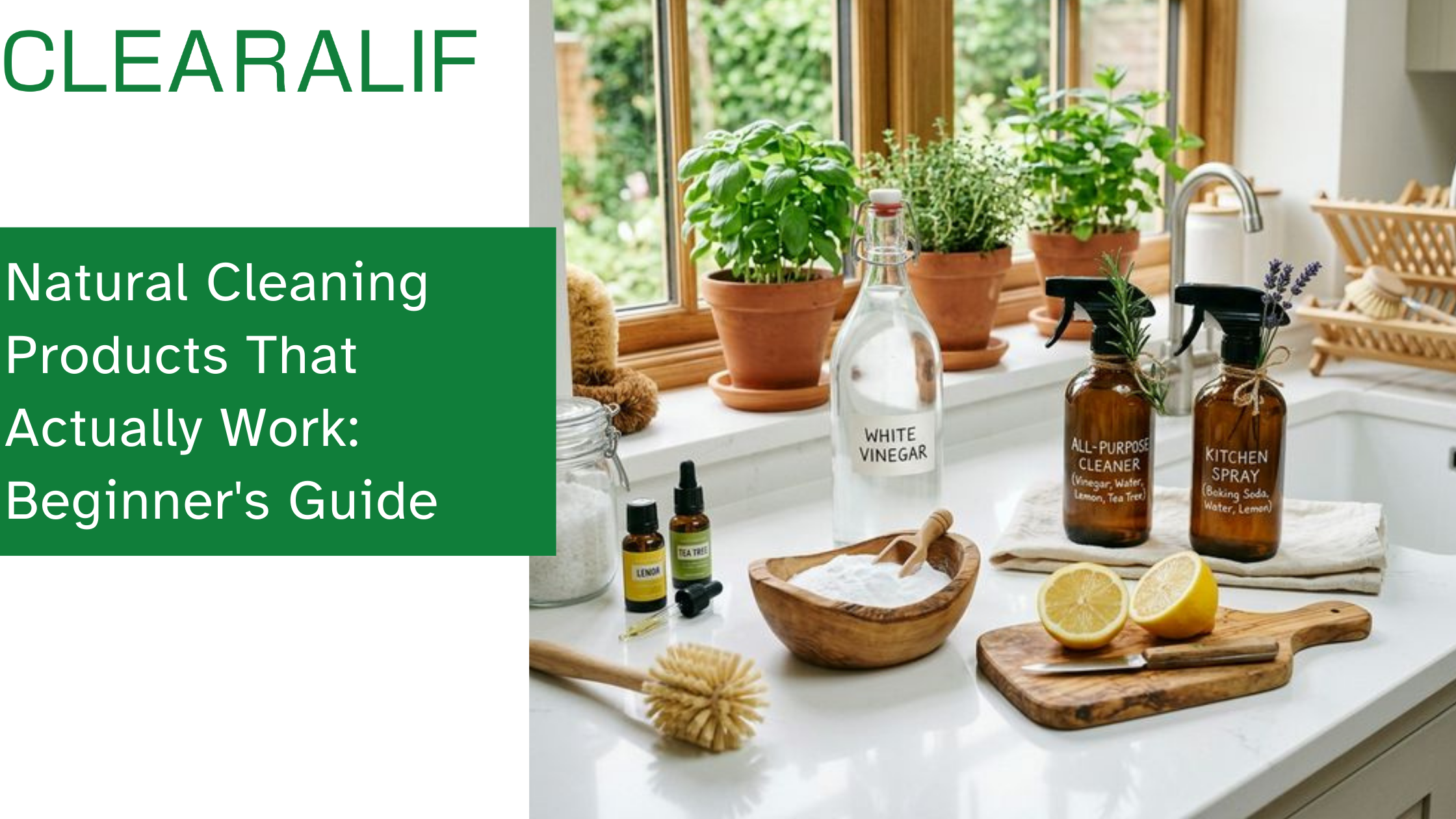 Natural cleaning ingredients like white vinegar and baking soda on a clean kitchen counter