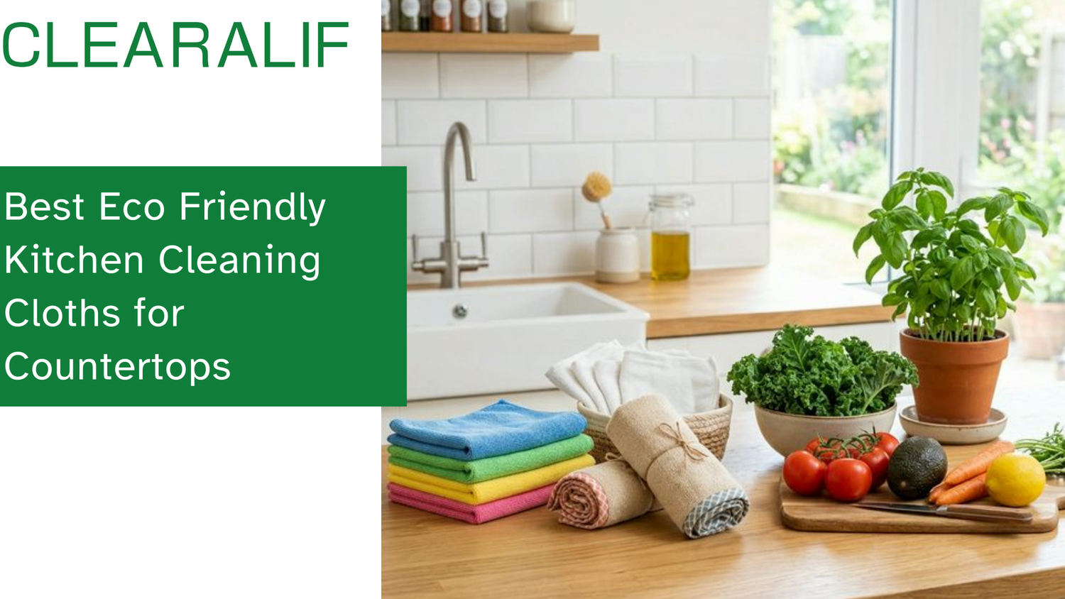 Eco-friendly cleaning cloths and microfiber towels arranged on a bright kitchen counter