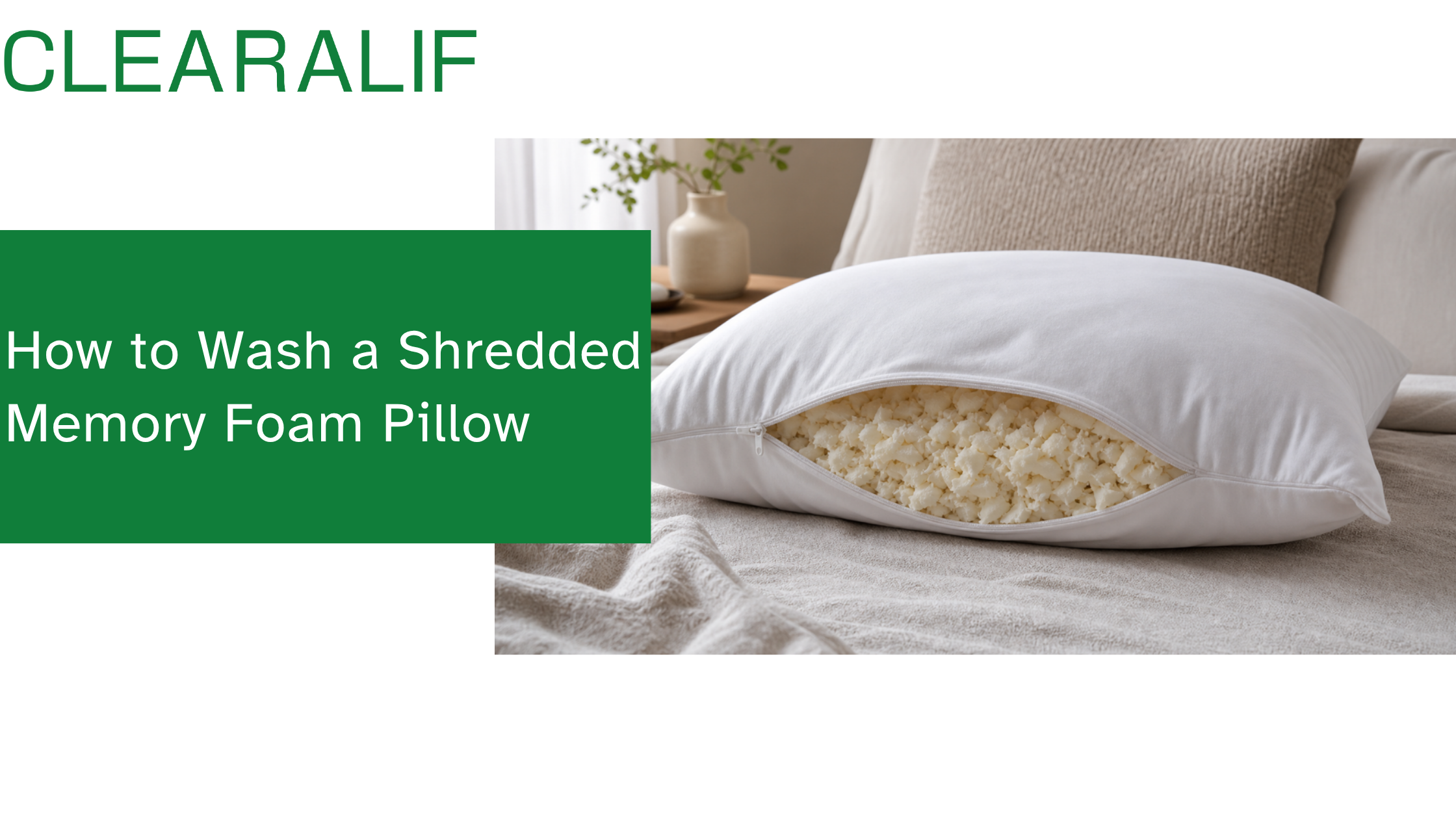 Shredded memory foam pillow with its cover unzipped to show the loose foam filling