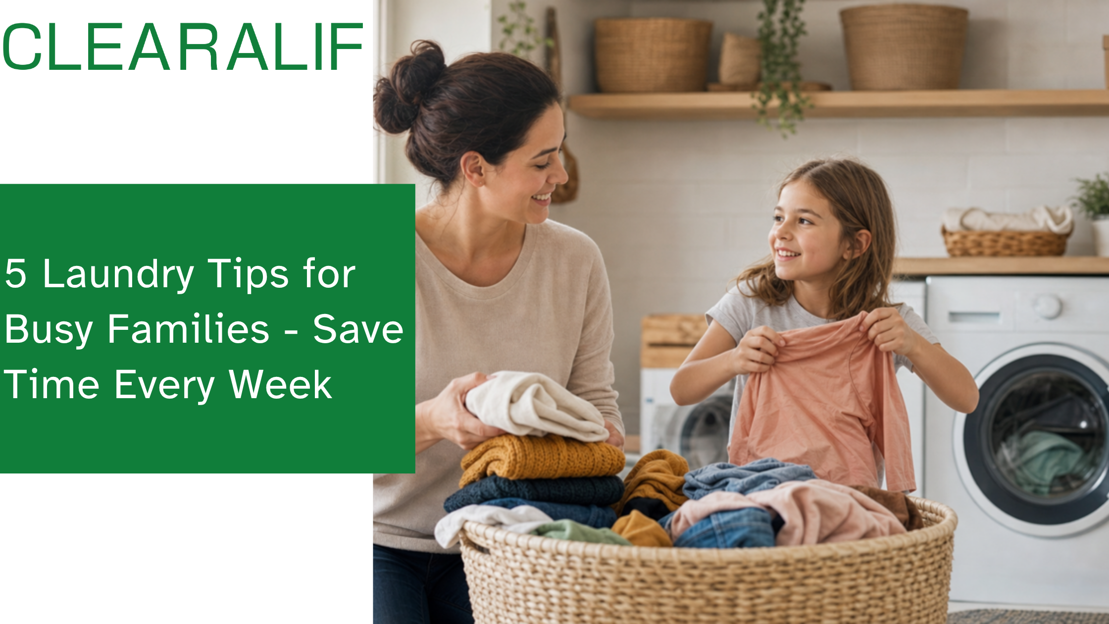 Parent and child sorting clean family laundry together while detergent stays out of reach