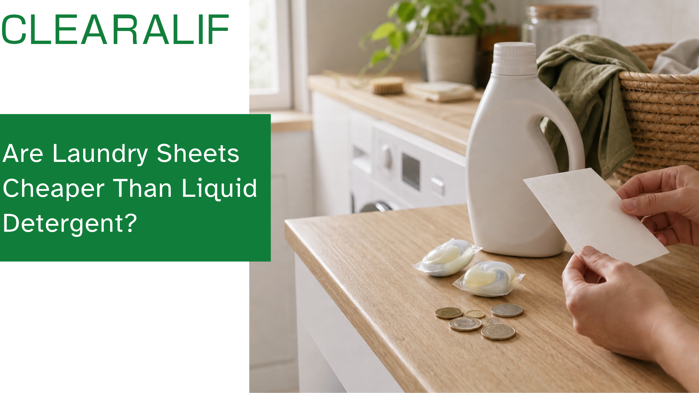 Person comparing a laundry detergent sheet with a liquid detergent jug and pods on a sunlit laundry counter