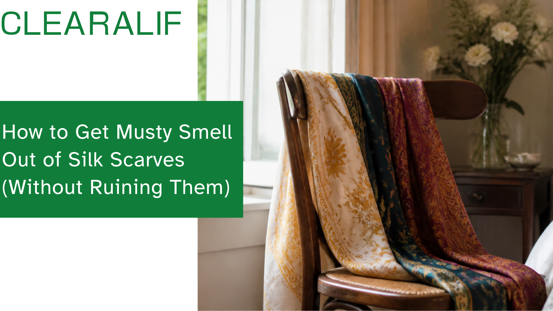 Folded vintage silk scarves being aired out to remove a musty mildew smell