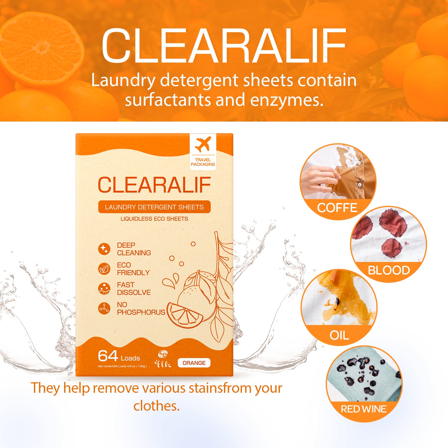 CLEARALIF Eco Friendly & Hypoallergenic Laundry Detergent Sheets 64 Loads, Sunshine Orange