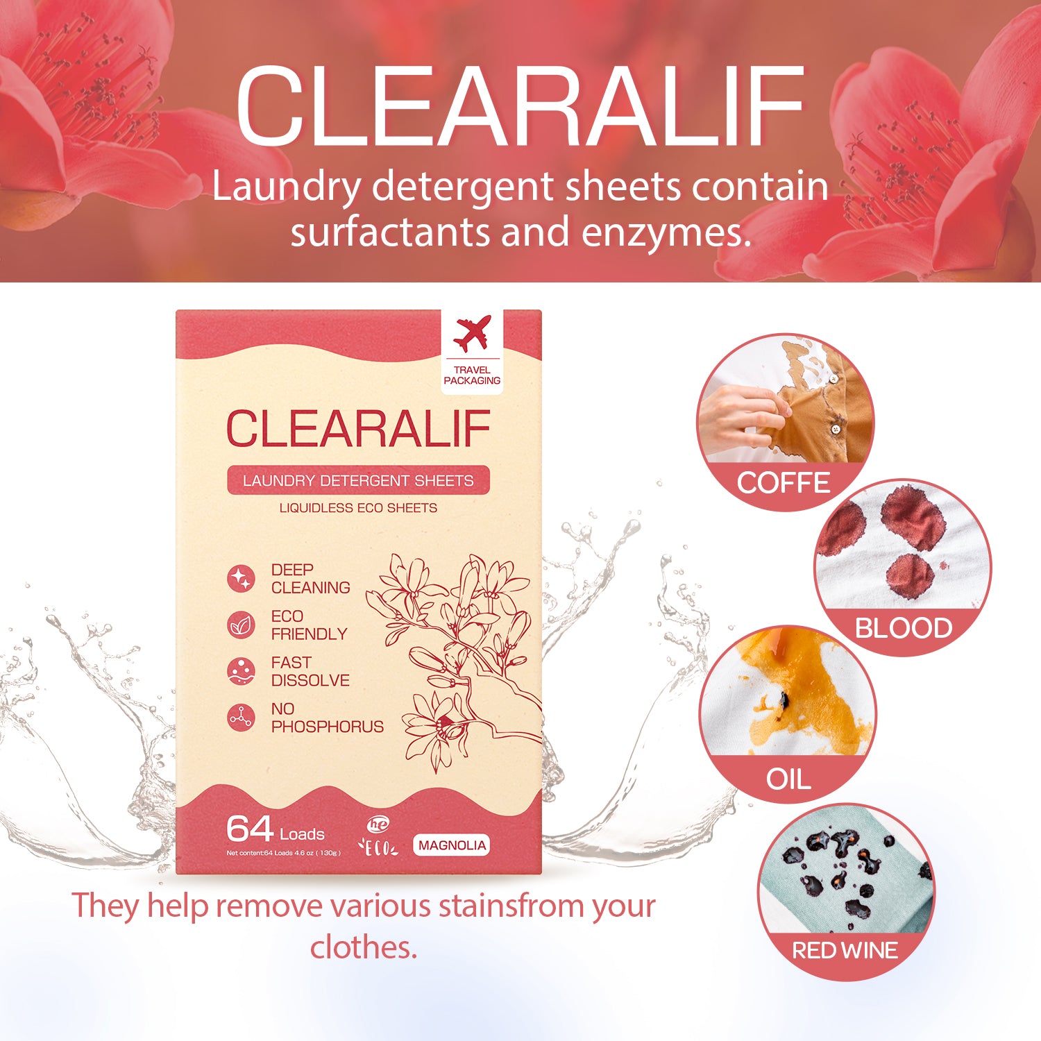 CLEARALIF Eco Friendly & Hypoallergenic Laundry Detergent Sheets 64 Loads, Magnolia