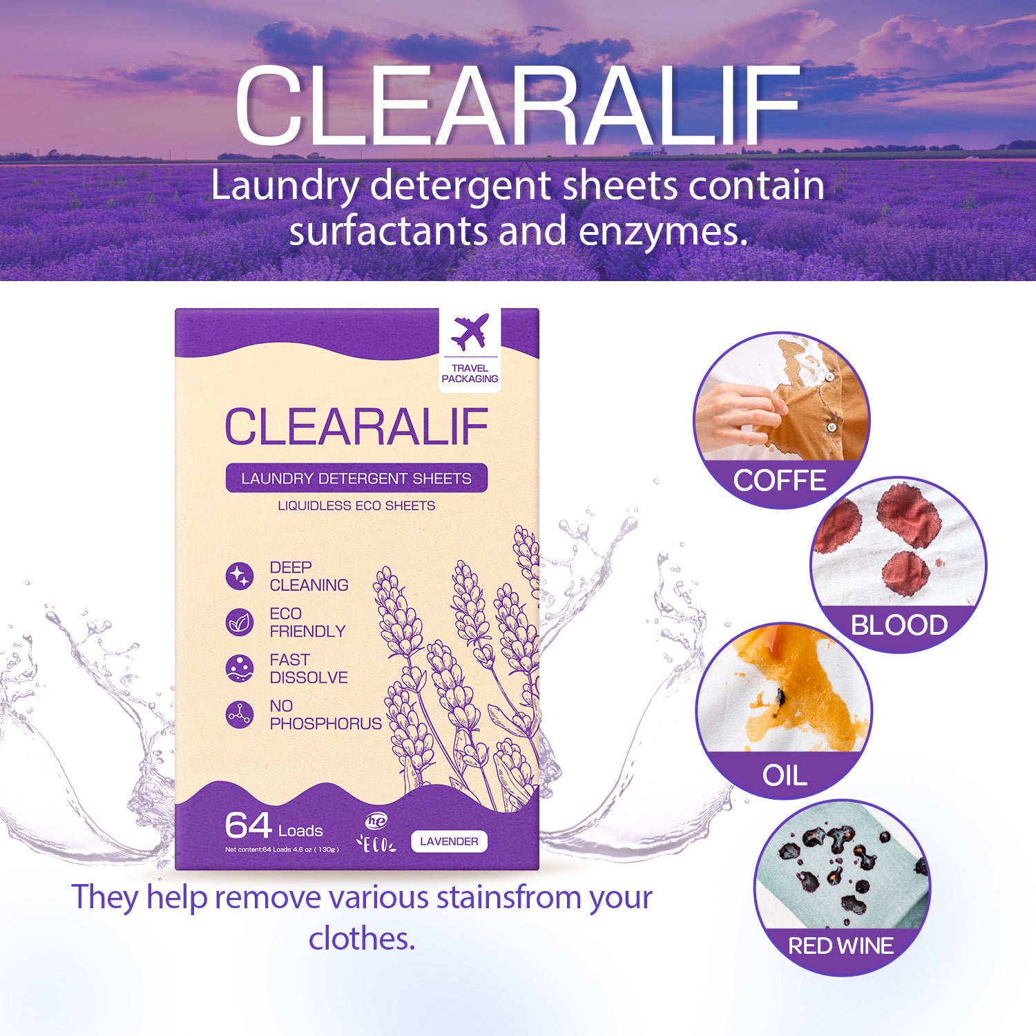 CLEARALIF Eco Friendly & Hypoallergenic Laundry Detergent Sheets 64 Loads, Lavender