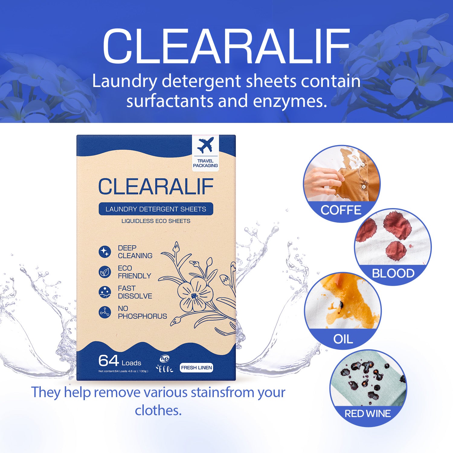 CLEARALIF Eco Friendly & Hypoallergenic Laundry Detergent Sheets 64 Loads, Fresh Liene