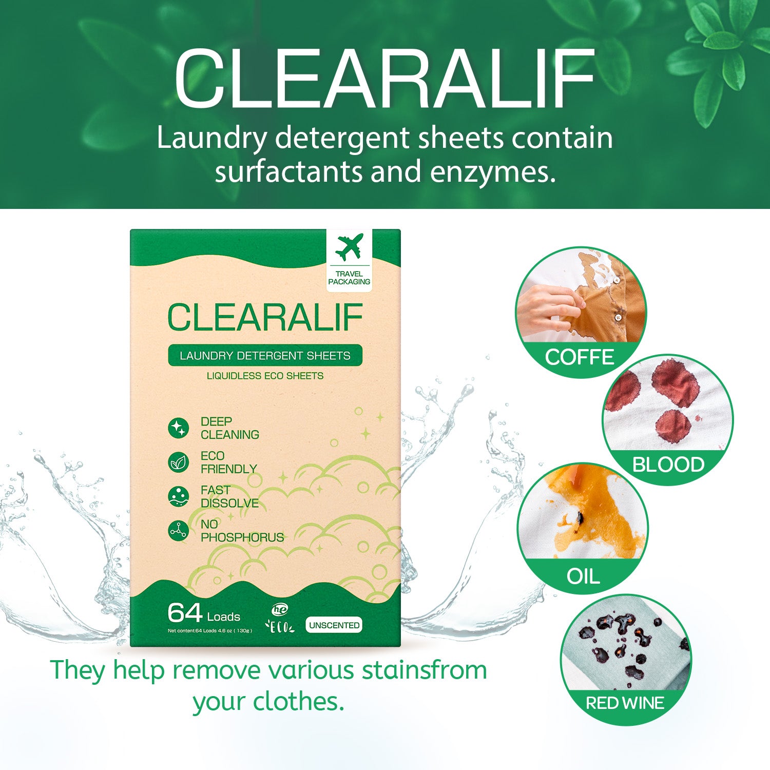 CLEARALIF Eco Friendly & Hypoallergenic Laundry Detergent Sheets 64 Loads, Unscented