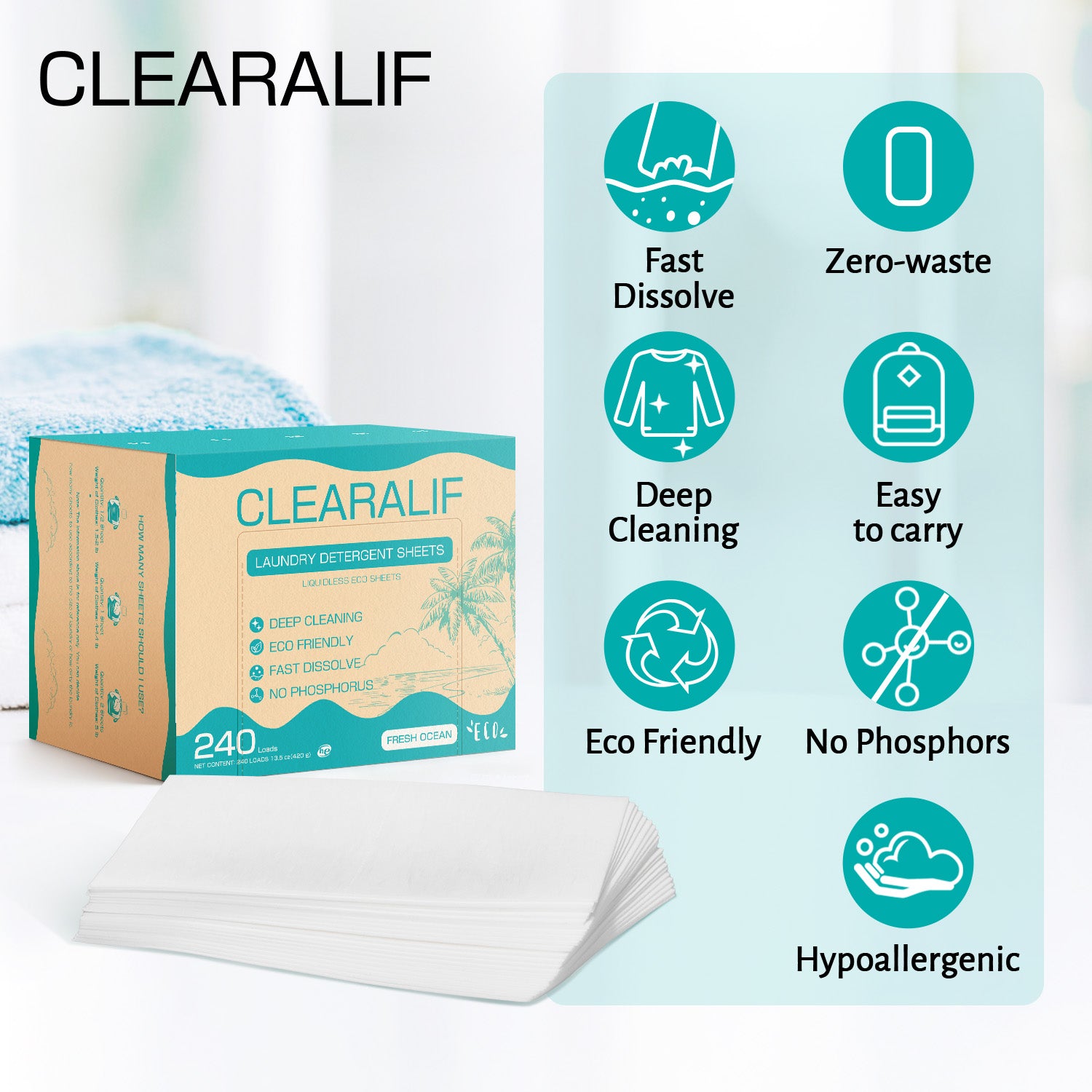 CLEARALIF Eco-Friendly Laundry Detergent Sheets - Fresh Ocean Scent, 240 Loads