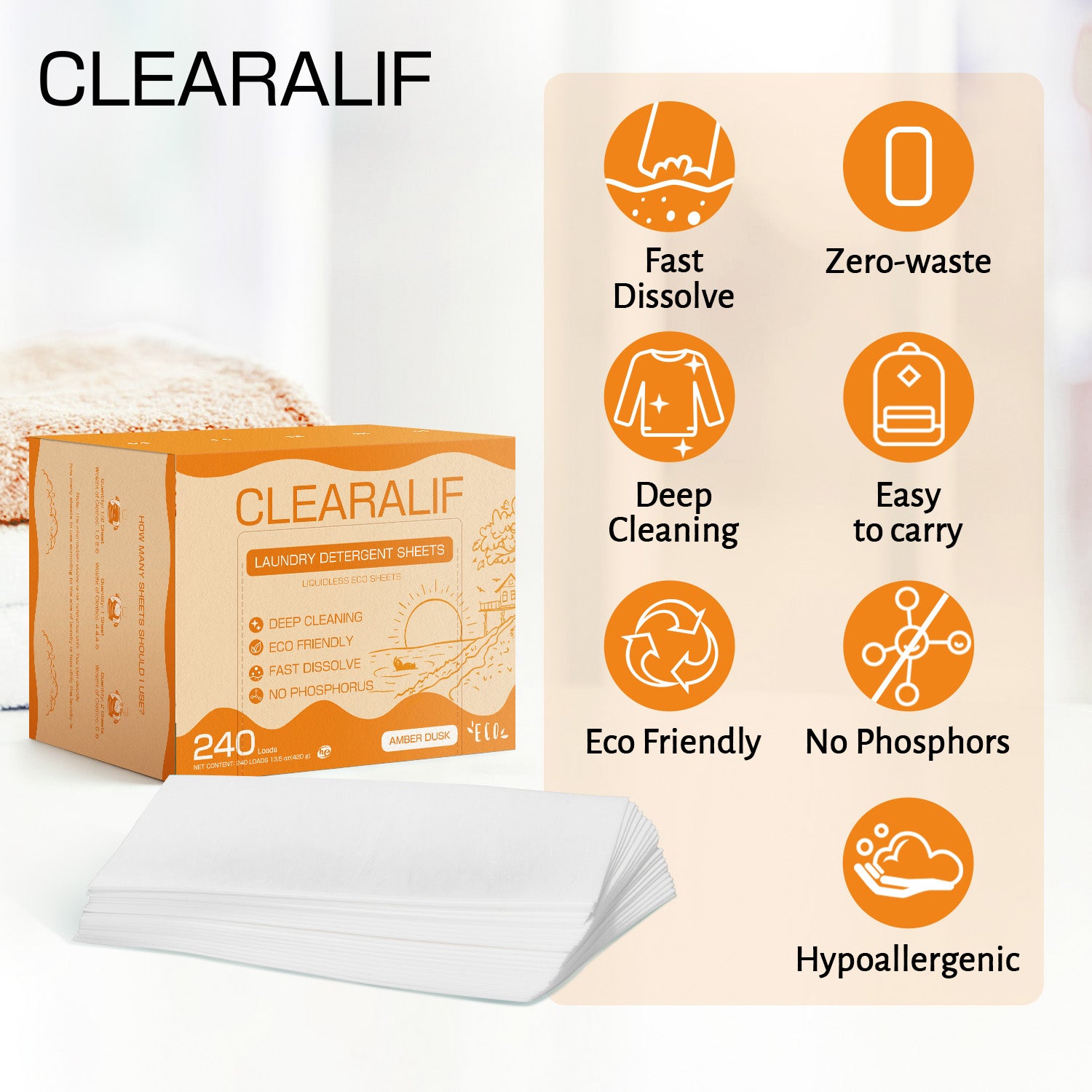 CLEARALIF Eco-Friendly Laundry Detergent Sheets - Amber Dusk Scent, 240 Loads