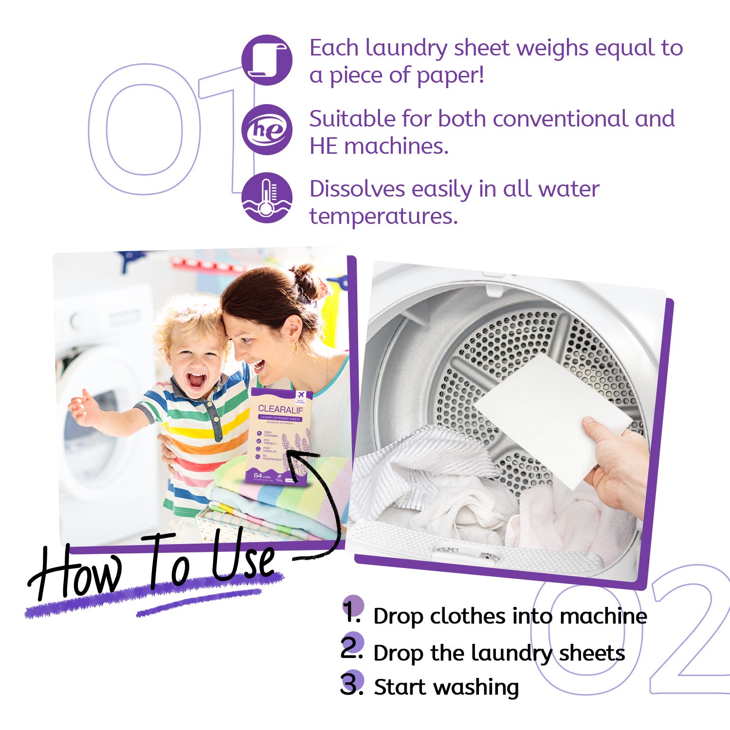 CLEARALIF Eco Friendly & Hypoallergenic Laundry Detergent Sheets 64 Loads, Lavender
