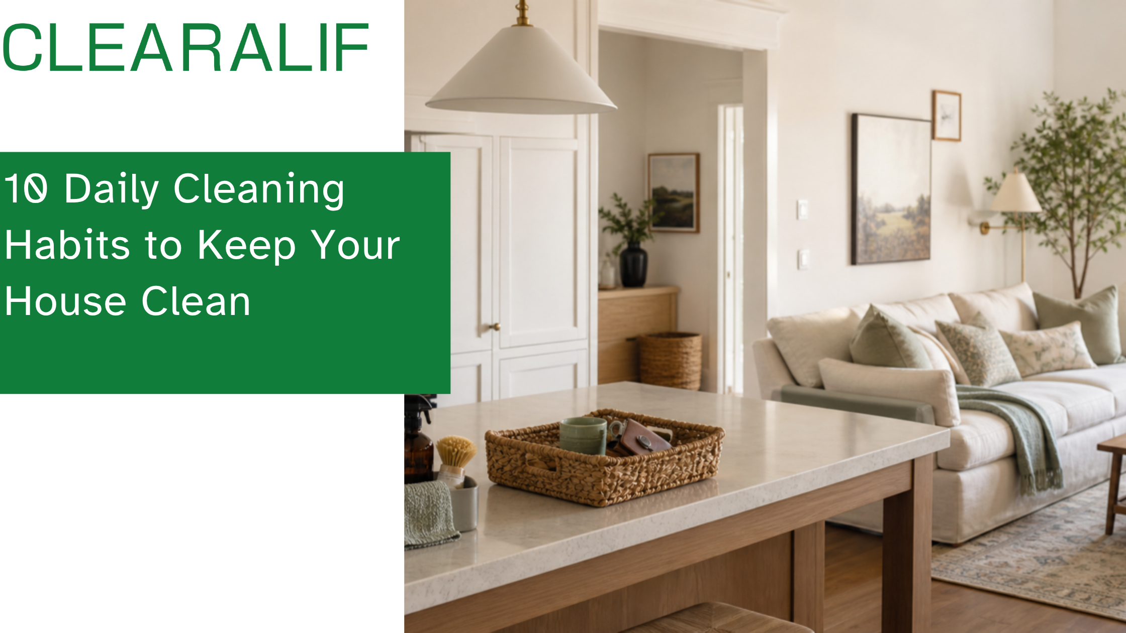 Tidy home interior with clear counters during a quick daily cleaning reset