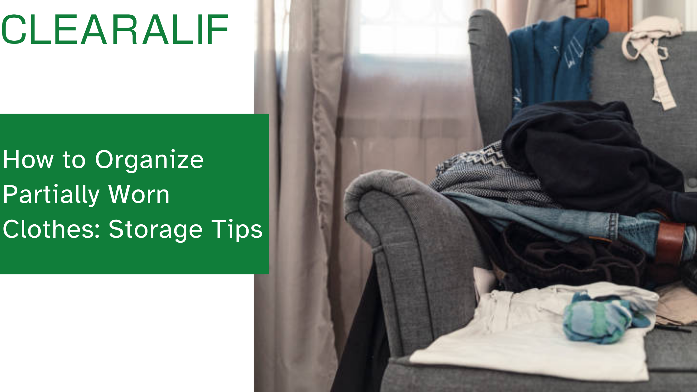 A bedroom chair draped with partially worn clothing — jeans, sweaters, and pajamas that aren't quite dirty enough for the laundry but have no dedicated place to go. The in-between clothes problem most people silently live with.