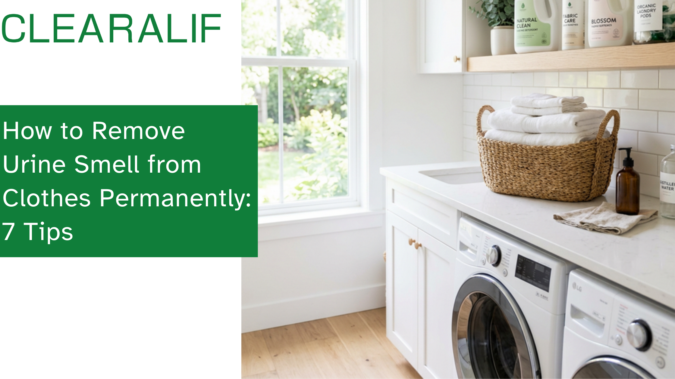 A bright, clean, perfectly organized laundry room with modern enzyme-based detergent bottles neatly arranged on a white floating shelf, fresh white linens folded in a woven basket resting on a countertop, photorealistic.