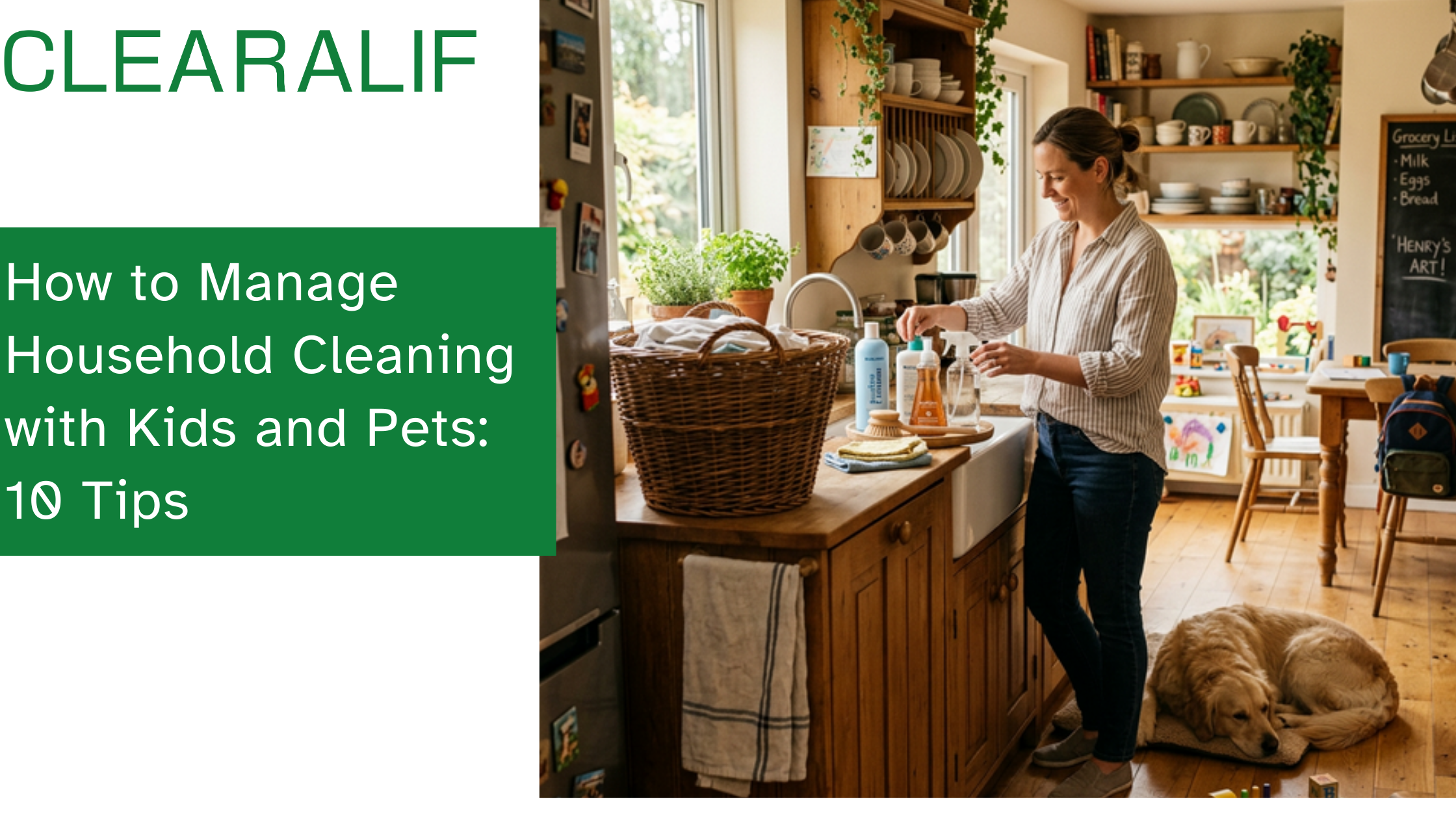 A sunlit, beautiful but lived-in family kitchen where life happens: a few wooden children's toys on the floor, a peaceful golden retriever resting near the island, a woven laundry basket on the counter, capturing the beautiful reality of family life.