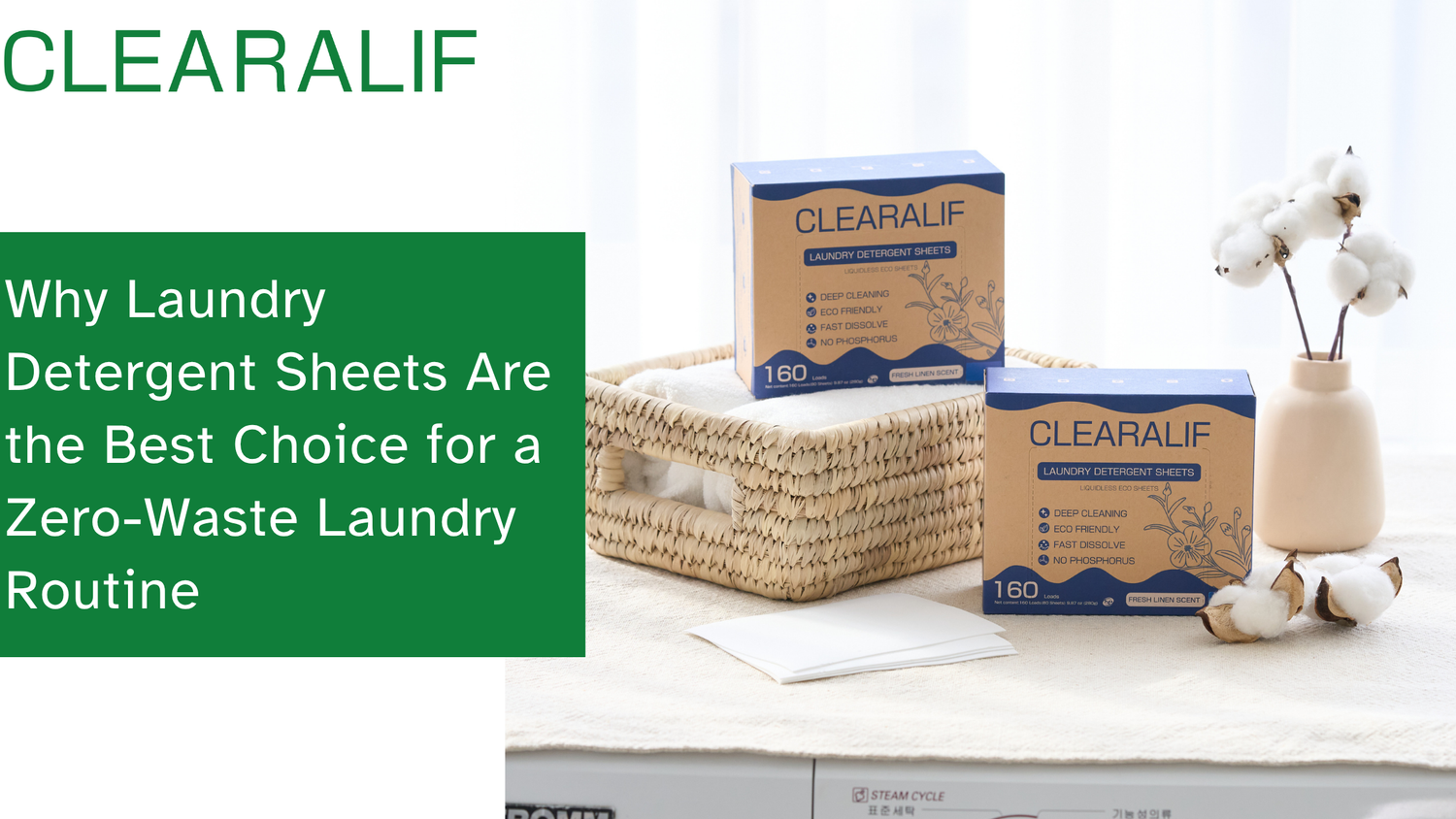 CLEARALIF laundry detergent sheets displayed with cotton flowers in a minimalist setting.