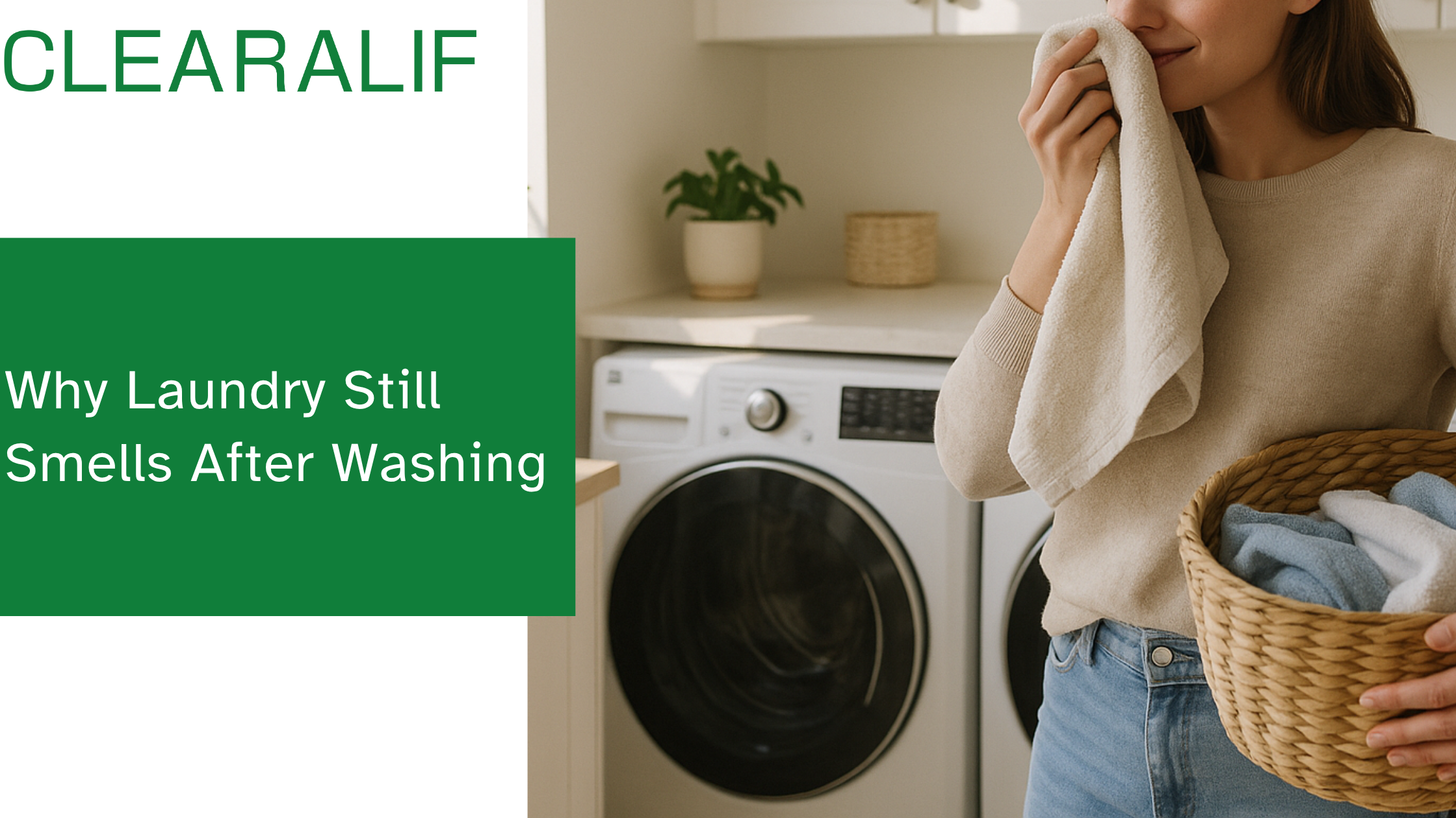 Freshly washed clothes in a bright American laundry room with natural light and plants, symbolizing clean and natural laundry.