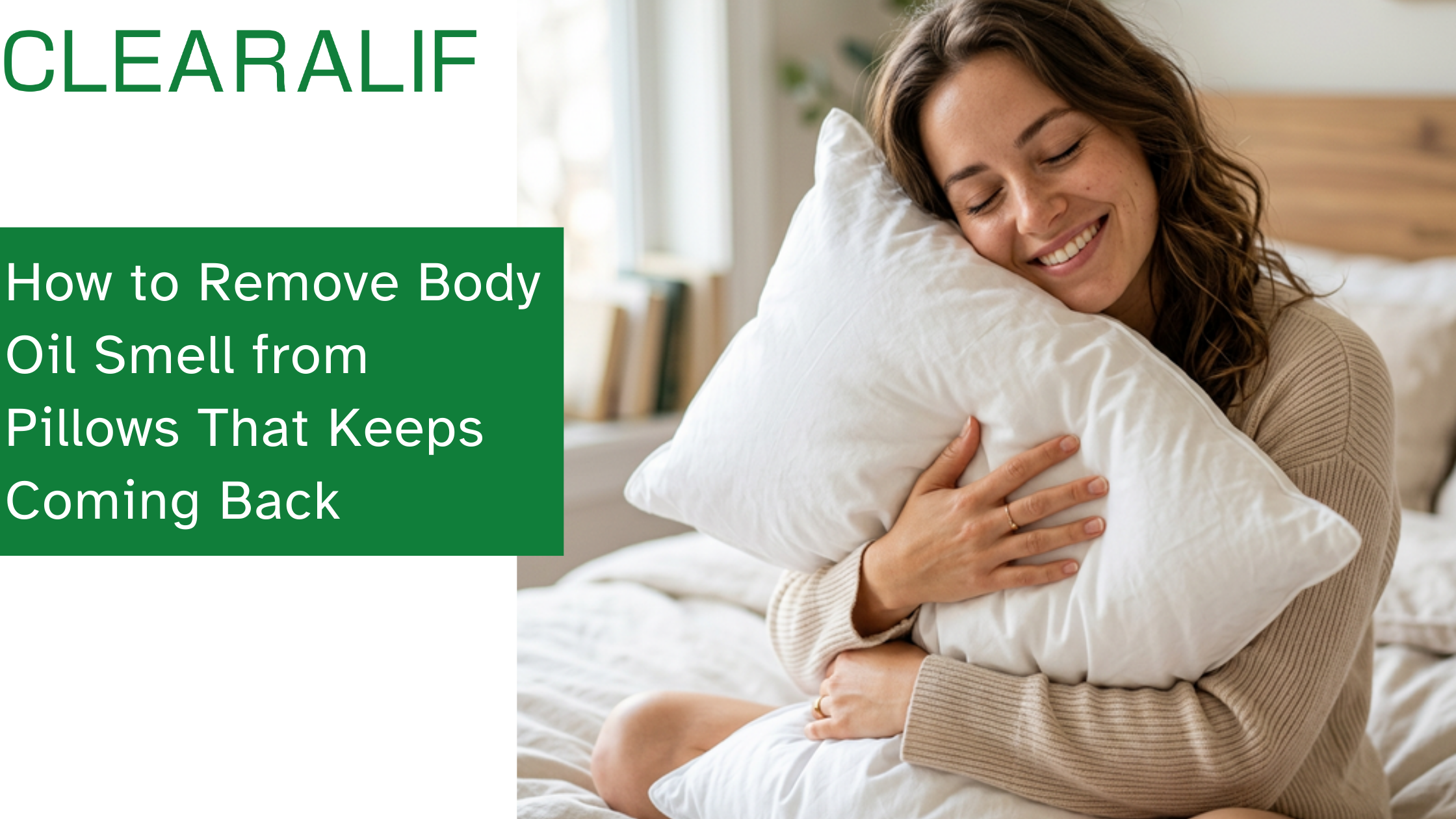 A close-up of a person holding a fresh, clean white pillow near their face with a satisfied expression, showing the pillow's fluffy texture in bright natural lighting