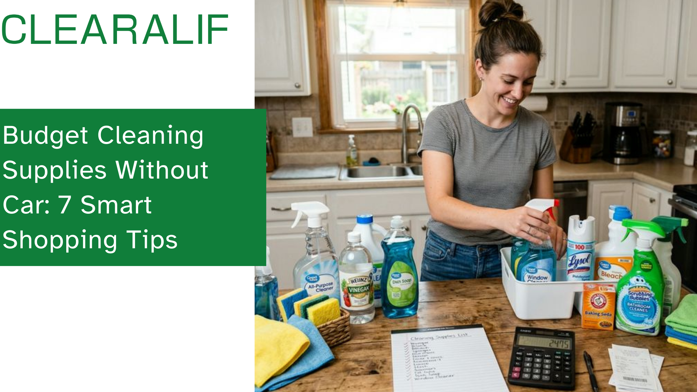 Organizing budget-friendly cleaning supplies and a shopping list on a kitchen counter