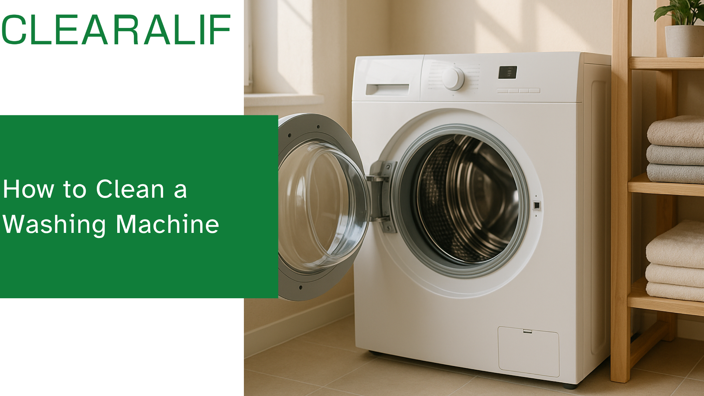 Clean and modern American laundry room with an open front-load washing machine showing a shiny drum.