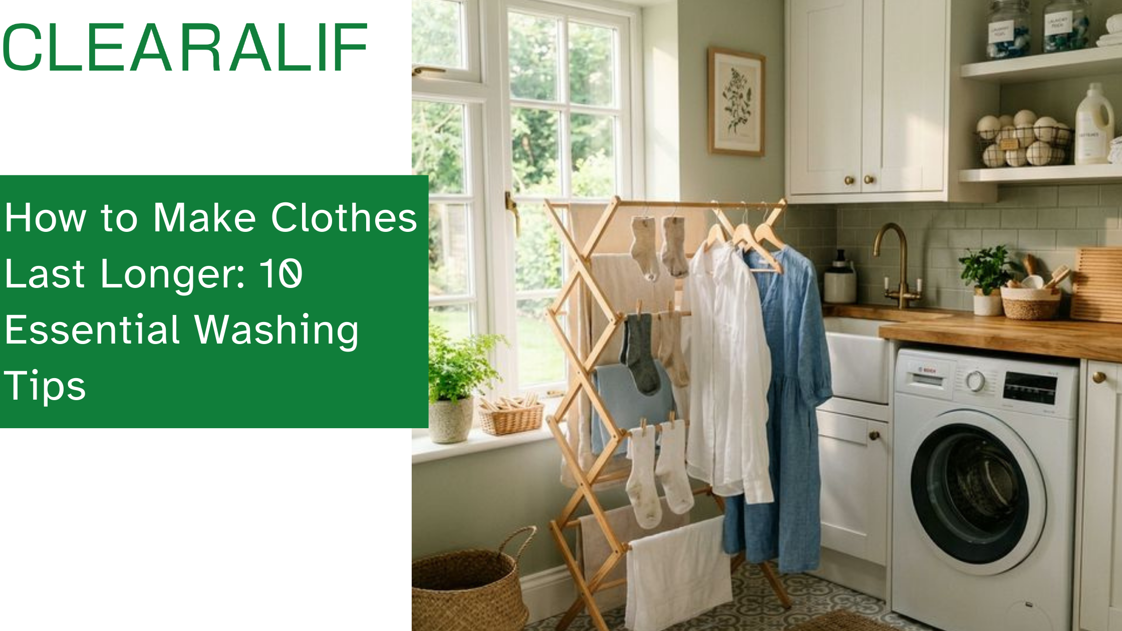 Beautifully organized laundry room with fresh clothes on a wooden drying rack