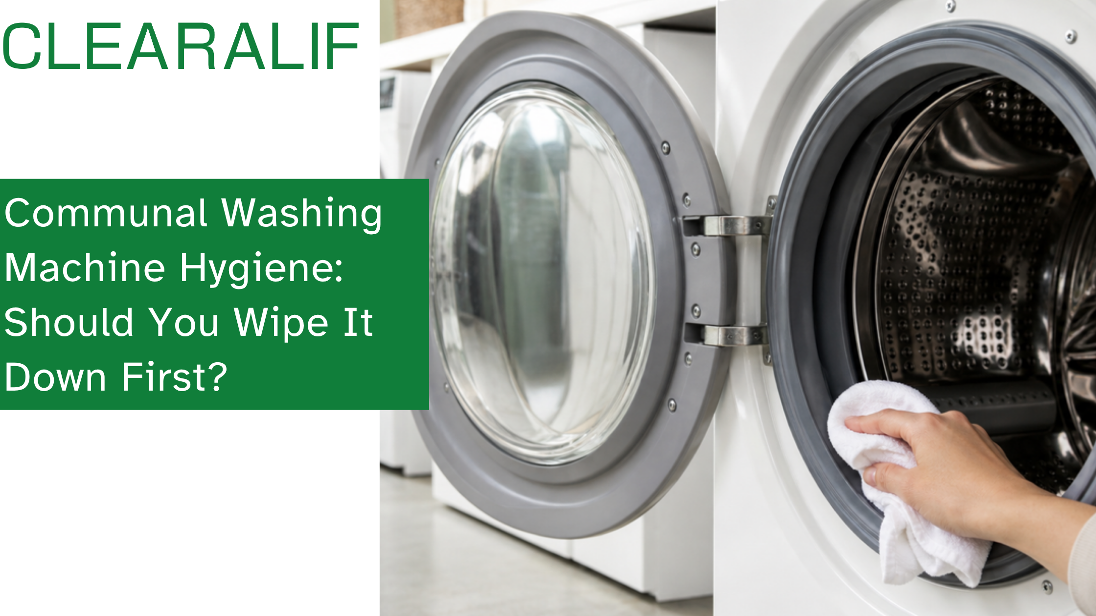 Person wiping the gasket of a front-load washer in a shared communal laundry room