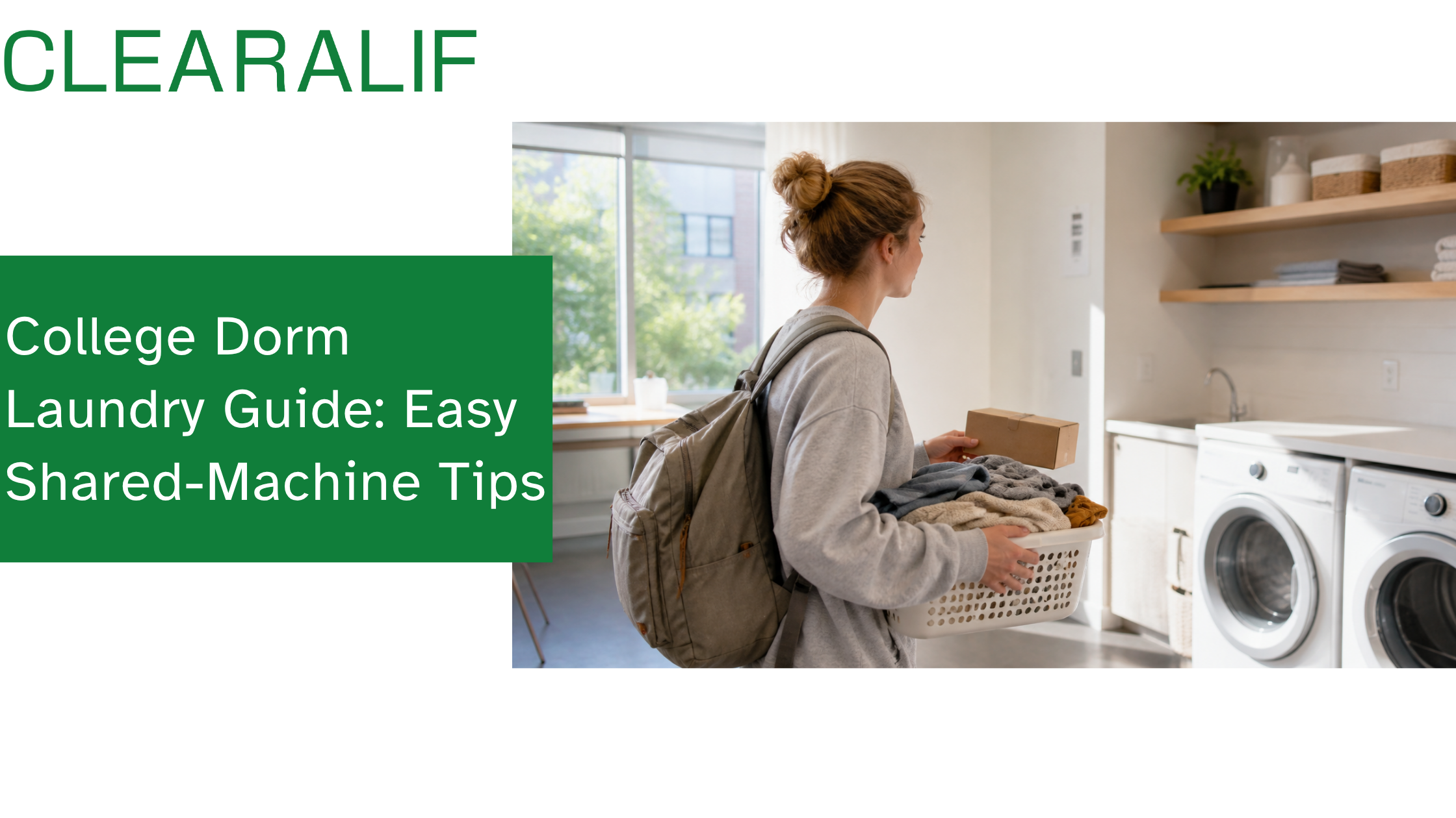 College student carrying a laundry basket and compact detergent sheets in a dorm laundry room