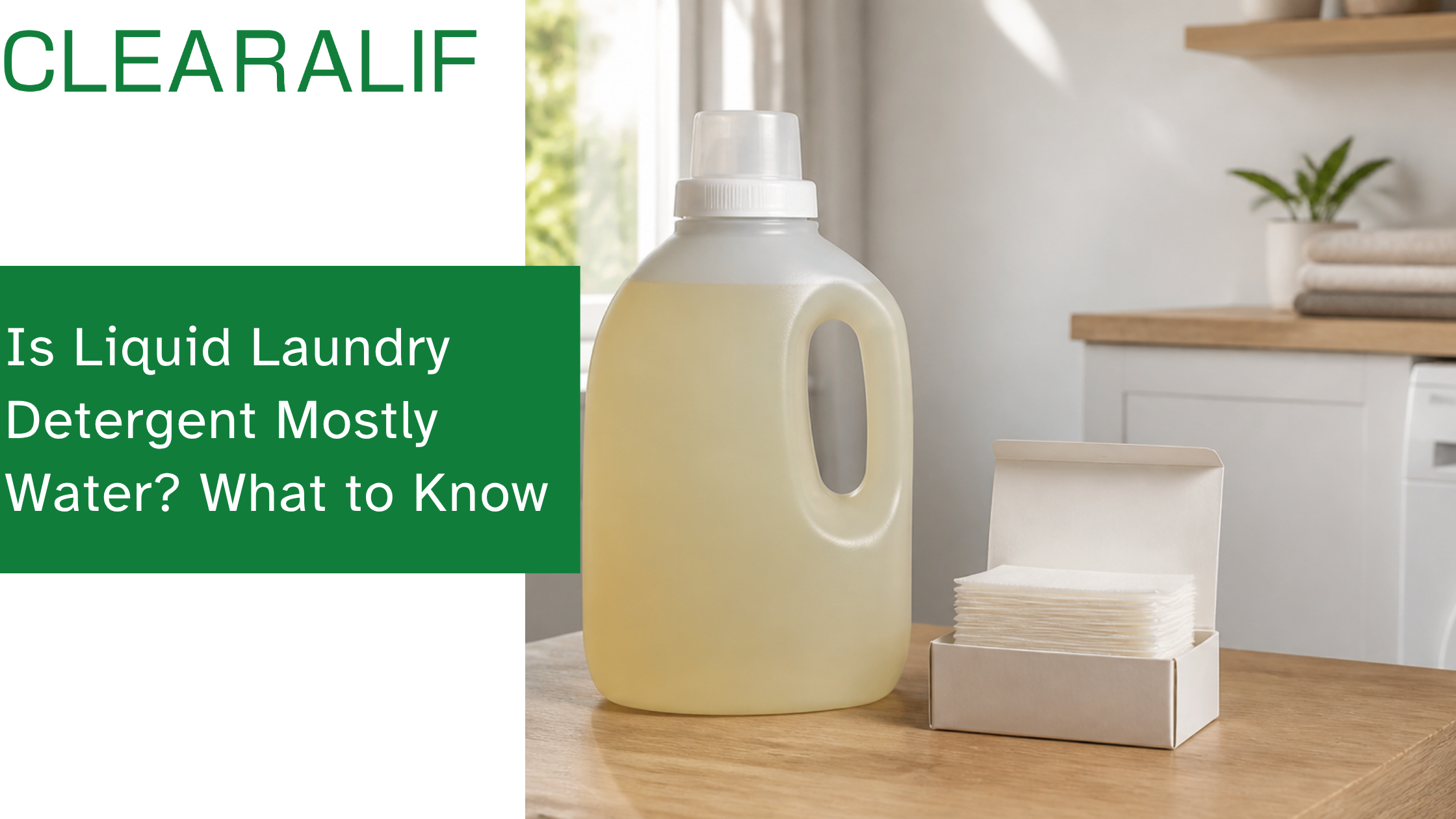 A bulky unbranded liquid detergent jug beside compact dry laundry sheets in a bright laundry room