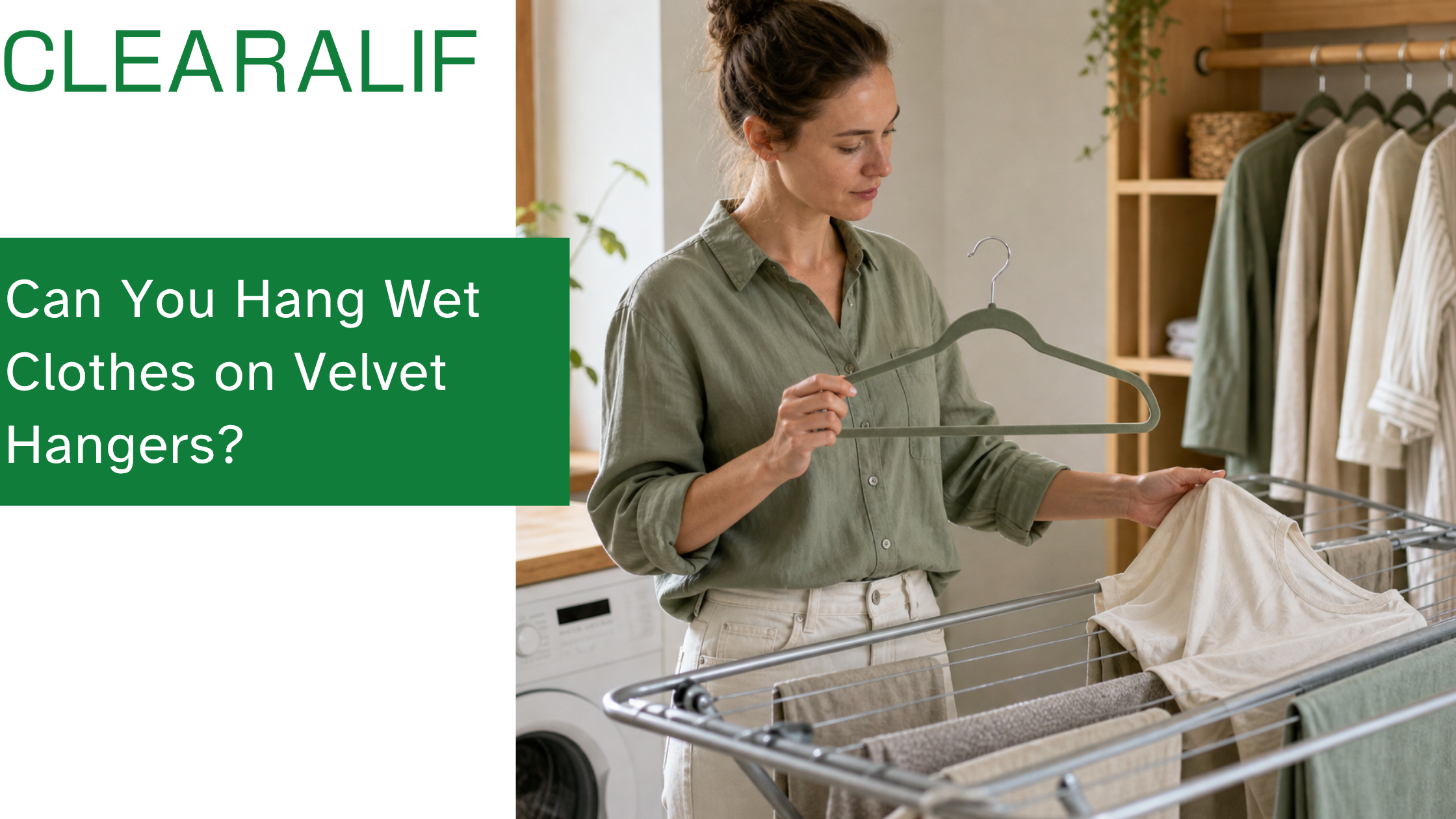 Person comparing a velvet hanger with a damp shirt beside a ventilated drying rack