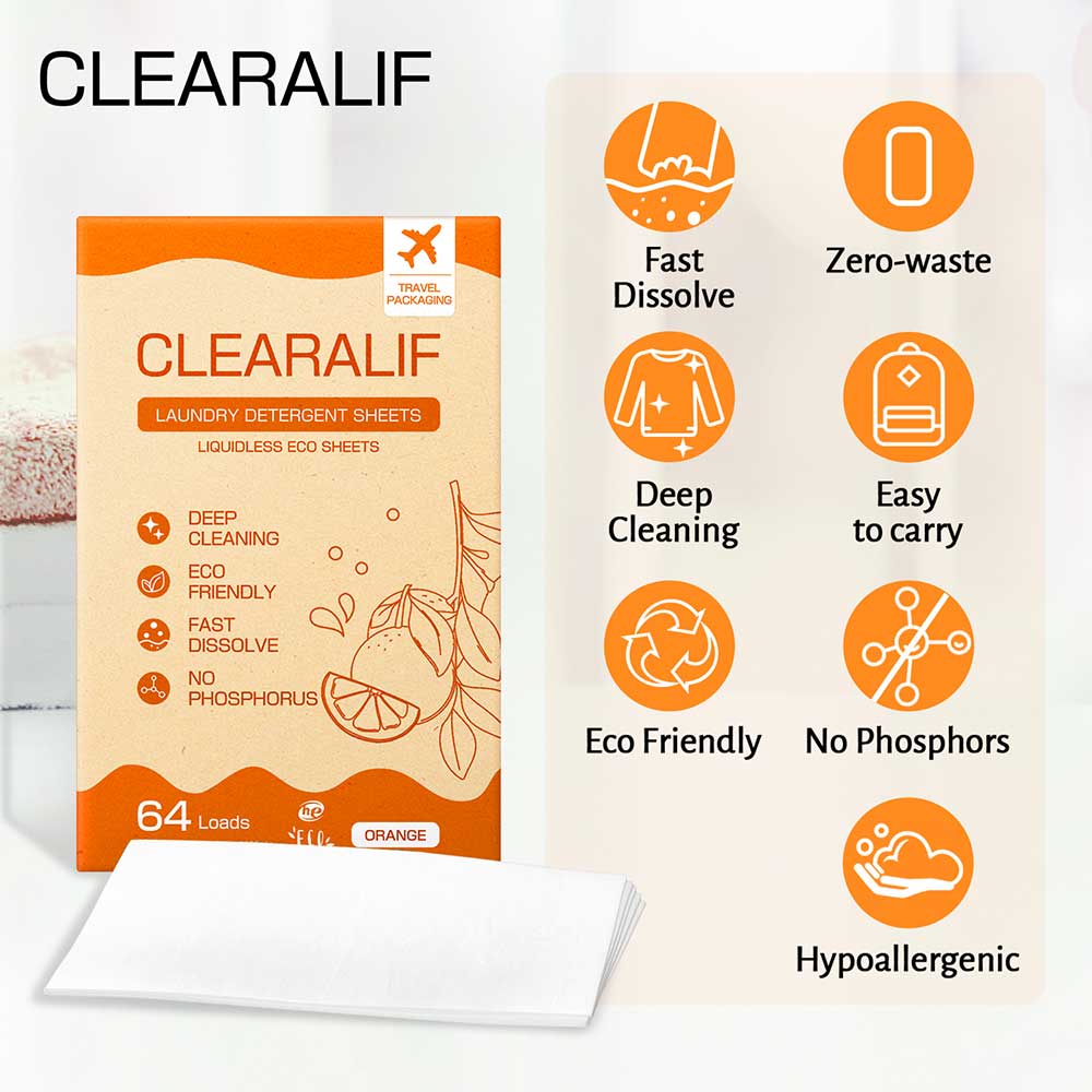 CLEARALIF Hojas de detergente para ropa 64 cargas, naranja