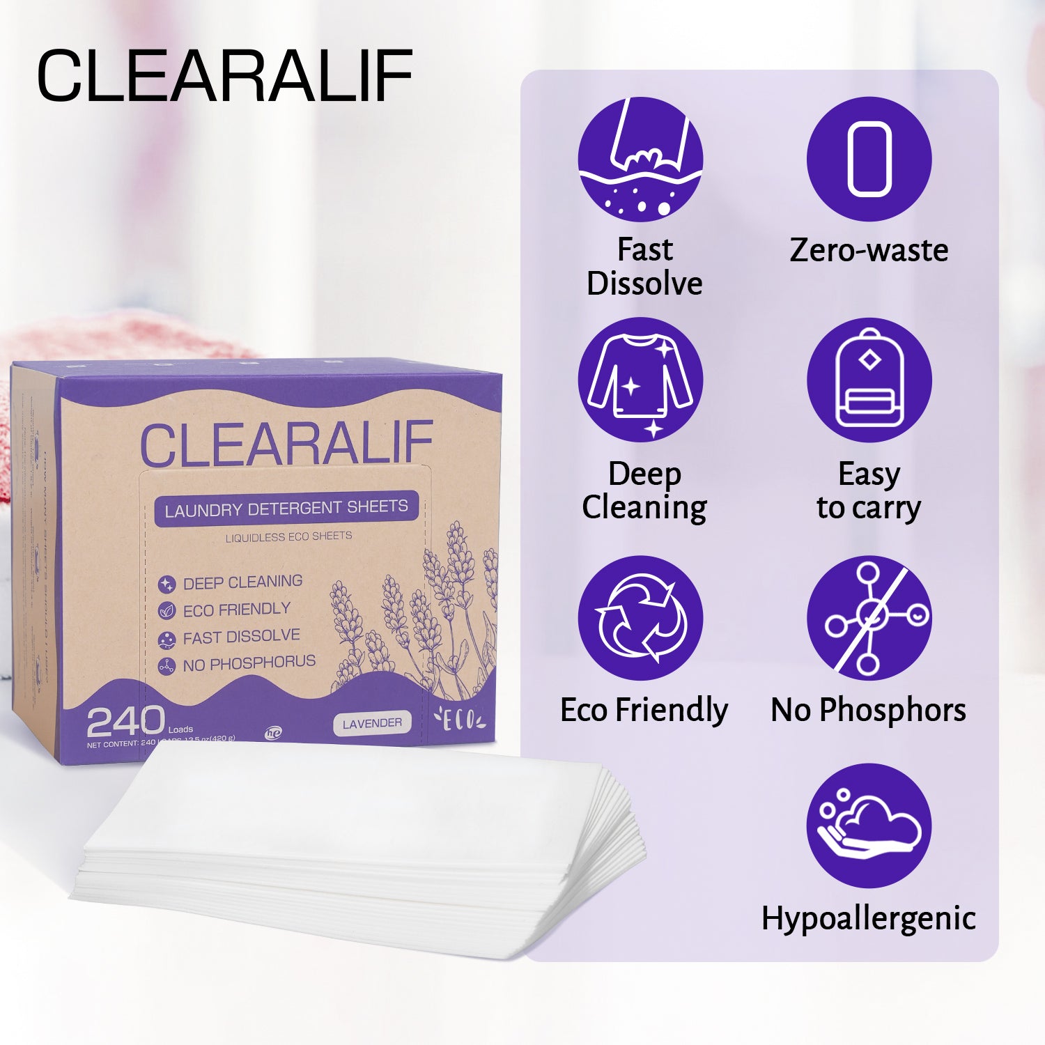 CLEARALIF Eco-Friendly Laundry Detergent Sheets - Lavender Scent, 240 Loads