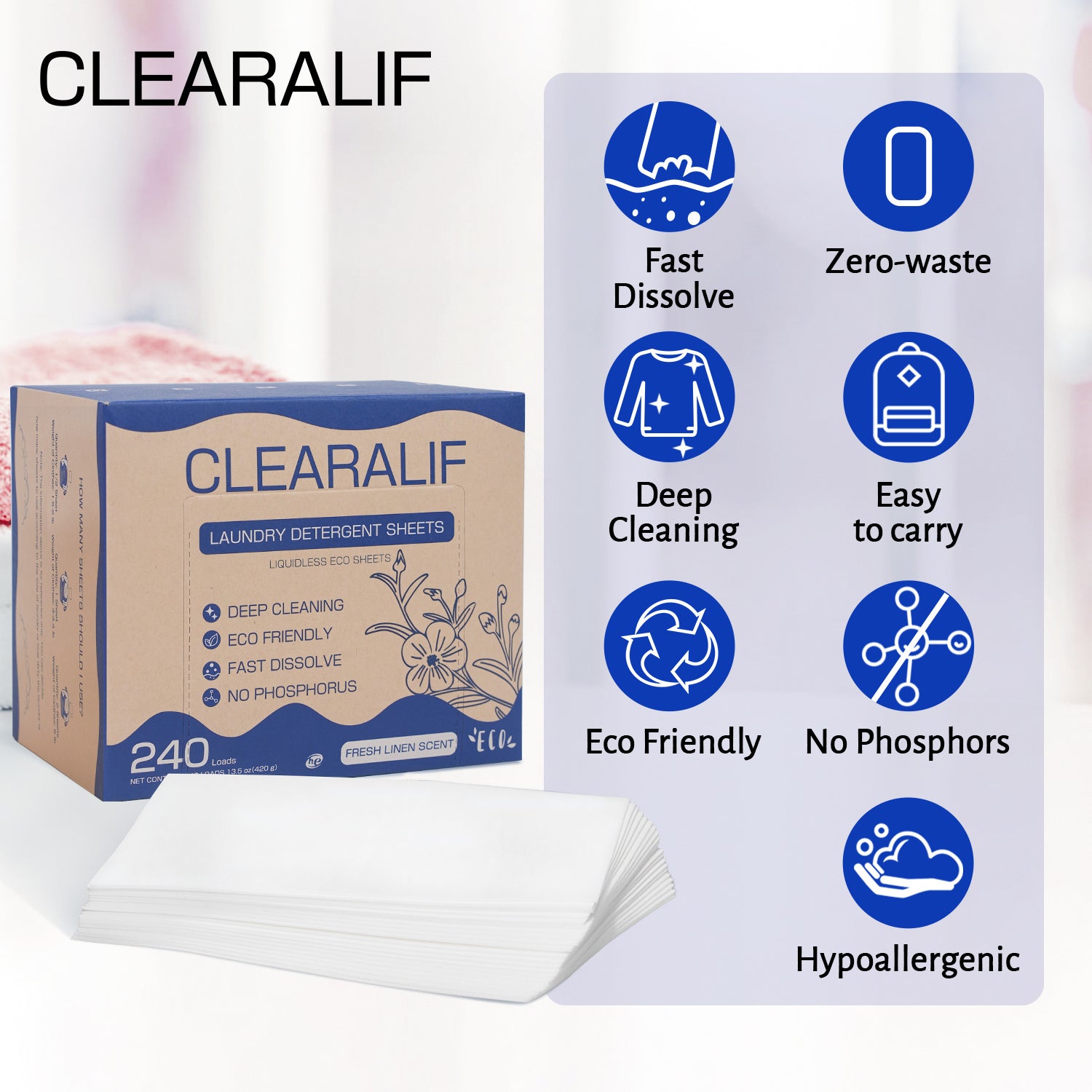 CLEARALIF Eco-Friendly Laundry Detergent Sheets - Fresh Linen Scent, 240 Loads