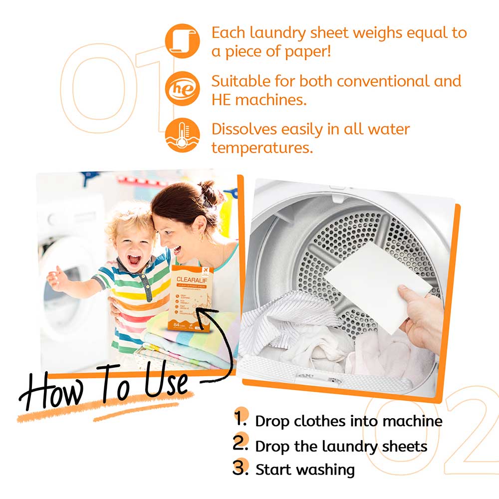 CLEARALIF Hojas de detergente para ropa 64 cargas, naranja