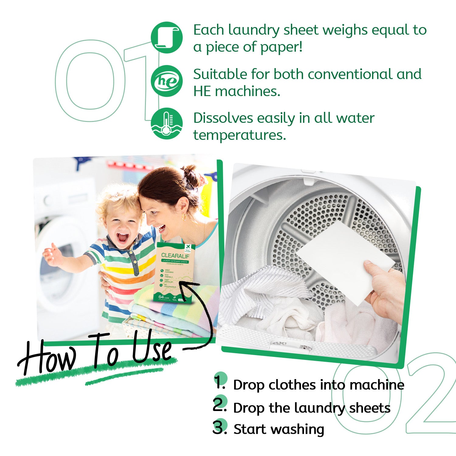 CLEARALIF Eco Friendly & Hypoallergenic Laundry Detergent Sheets 64 Loads, Unscented