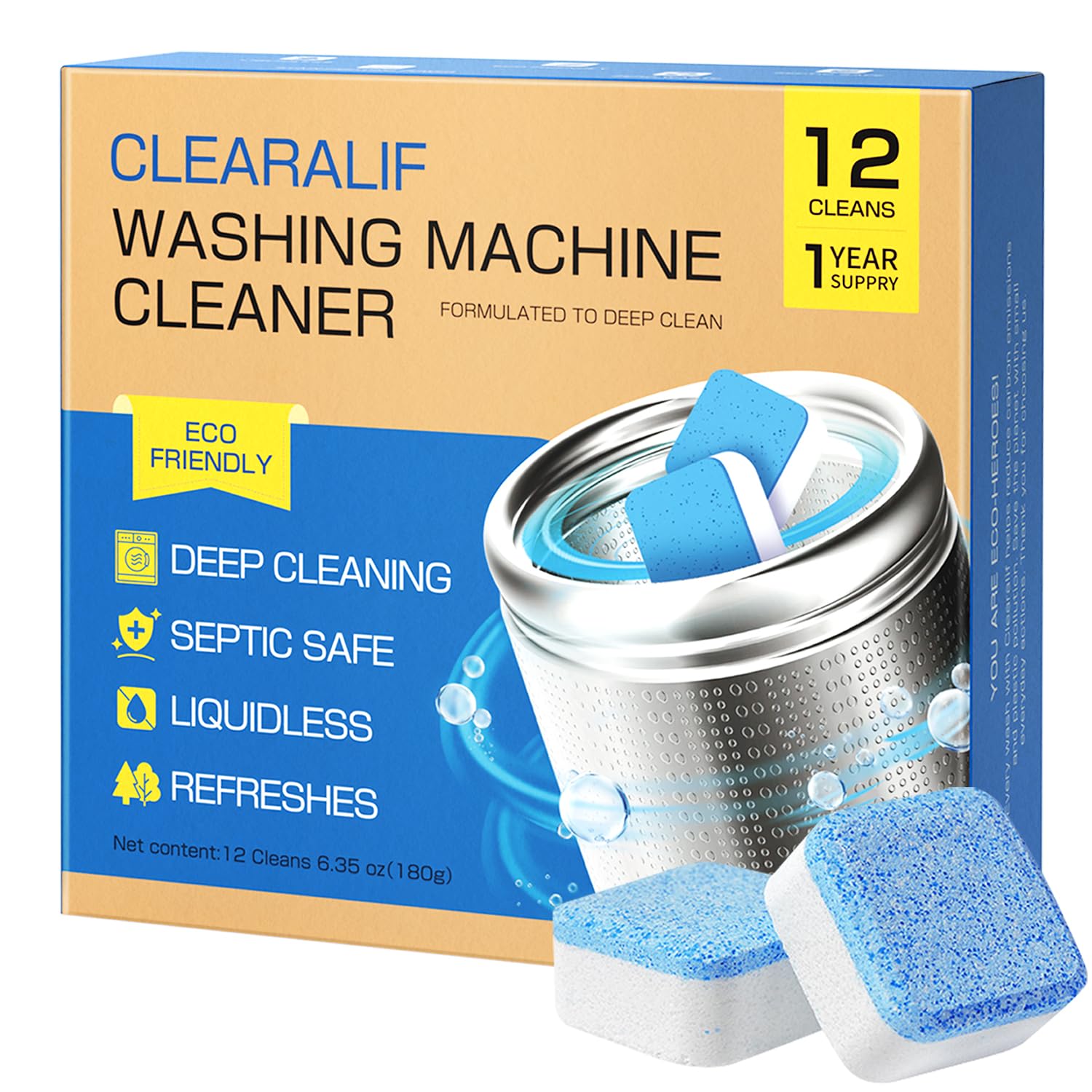 CLEARALIF Washing Machine Cleaner Tablets For HE Front Loader & Top Load Washer